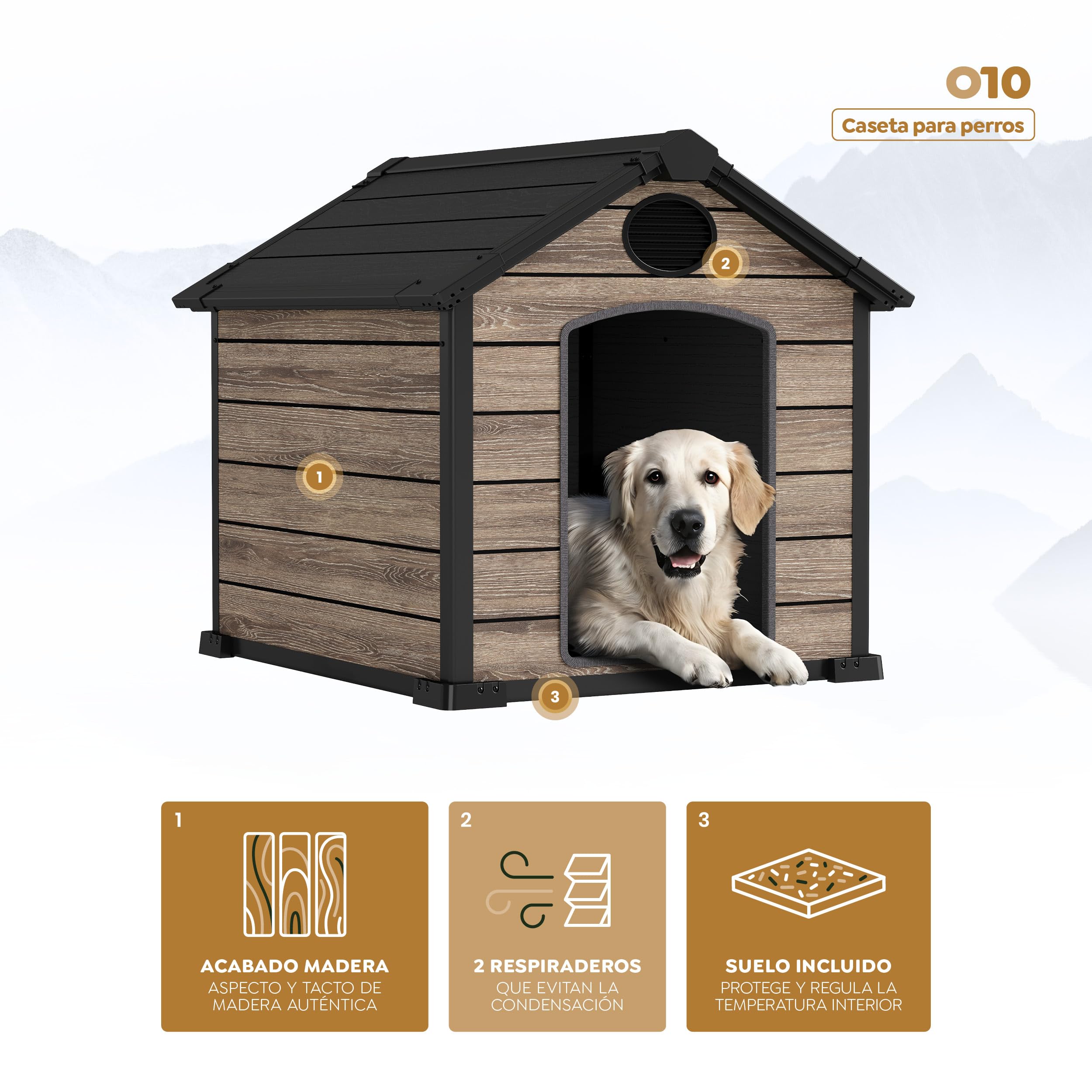 Hoggar - Caseta Perros Exterior - 102x115x105cm - Suelo Incluido - 2 Respiraderos de Ventilación - Protección UV e Impermeable – Efecto Madera - Casa para Mascotas Oak O10 de Resina