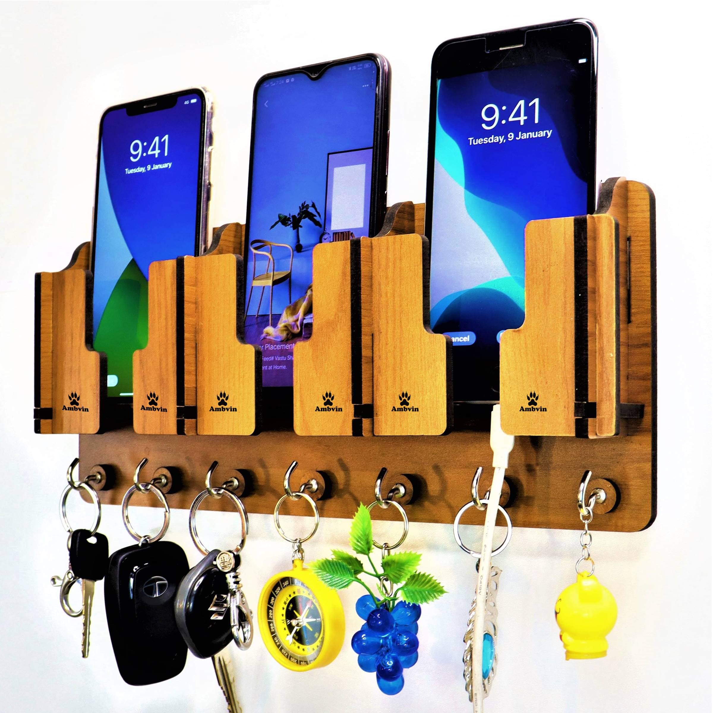 AMBVIN ® 3 Pocket Antique Wall Maunt Wooden Key Holder | Mobile Charging Stand Key Holder | for Home, Office | Living Room Decor Craft (7 Hook)