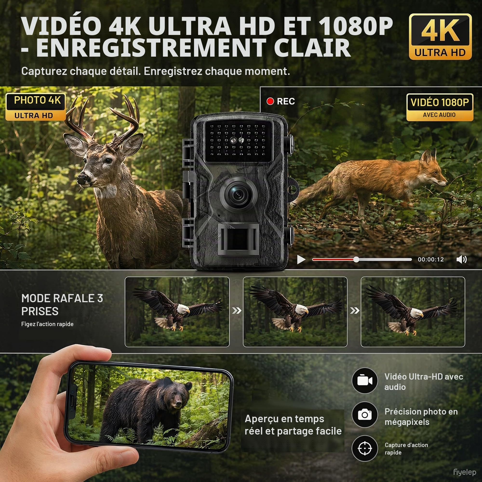 Caméra de Chasse 4K 48MP Infrarouge 940nm Invisible IP66 Étanche 0,1s | 32 Go inclus, détection PIR 20m 130°, -20°C à 60°C, veille 3-6 mois, pour faune sauvage et sécurité extérieure