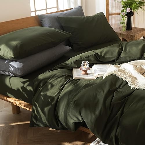 Miniatura 6 de MooMee - Juego de funda de edredón, 100% algodón lavado, textura parecida al lino, transpirable, duradero, suave y cómodo (verde oliva, King)