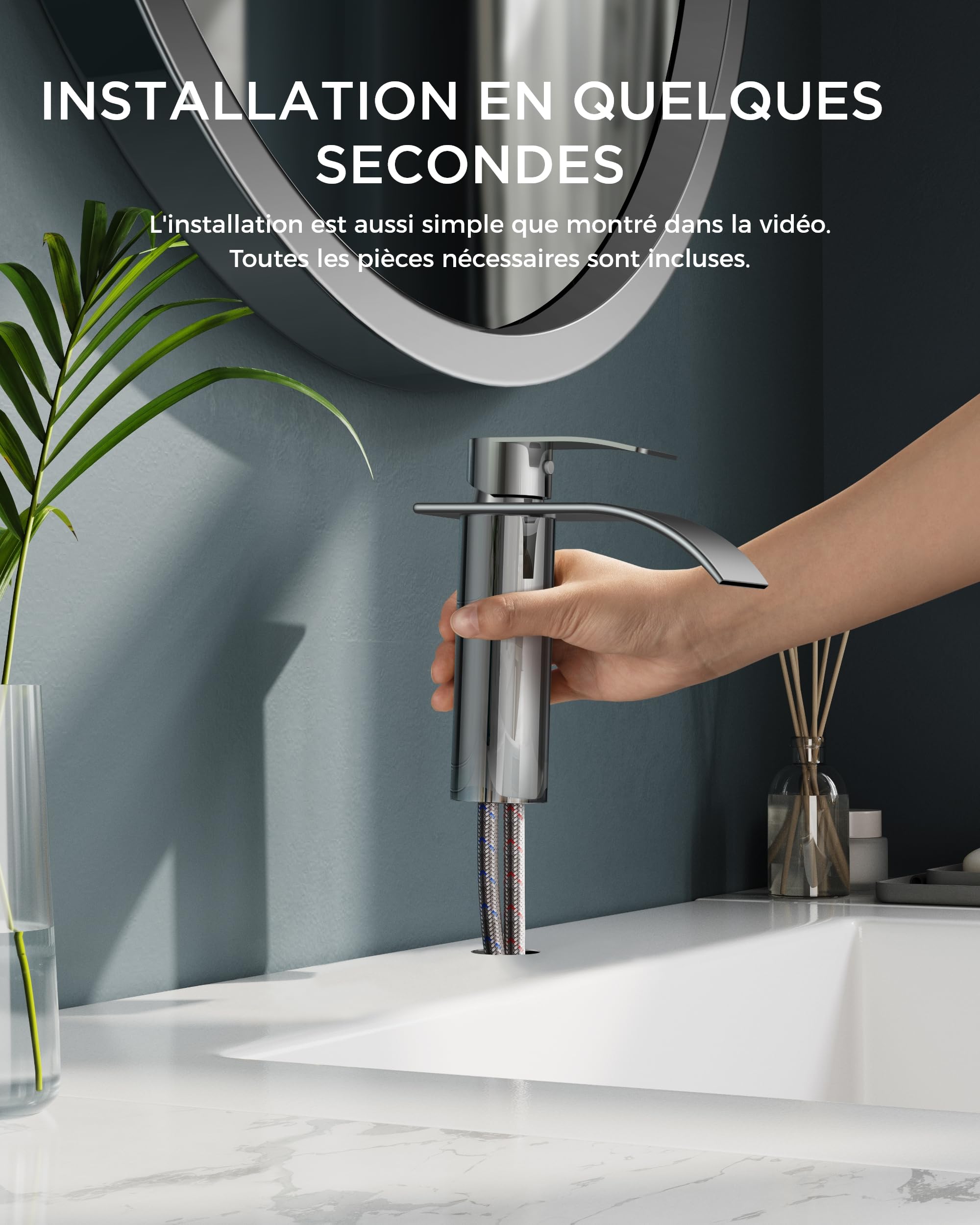 FORIOUS Robinet de Salle de Bain,Mitigeur Lavabo Cascade en Acier Inoxydable,Mitigeur Monocommande pour Eau Chaude et Froide dans la Salle de Bain, Économiseur D'eau et D'énergie Chromé.