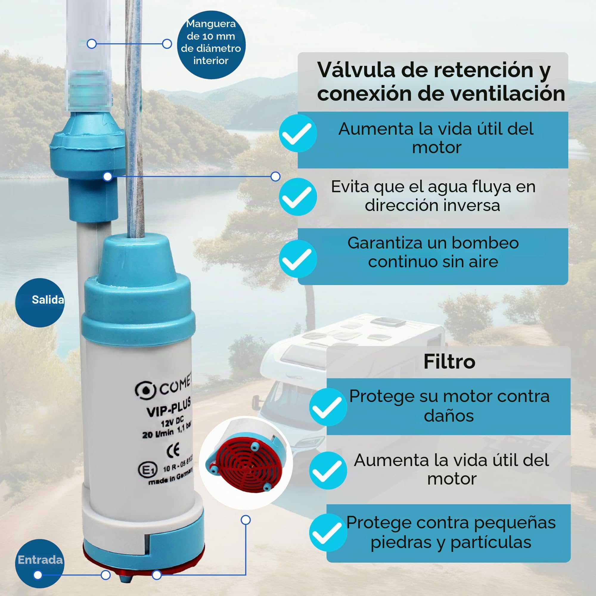 Comet VipPlus - Bomba de agua con válvula antirretorno (fija) + filtro con set de libro electrónico para camping, para autocaravanas, caravanas - bomba sumergible de 12 V