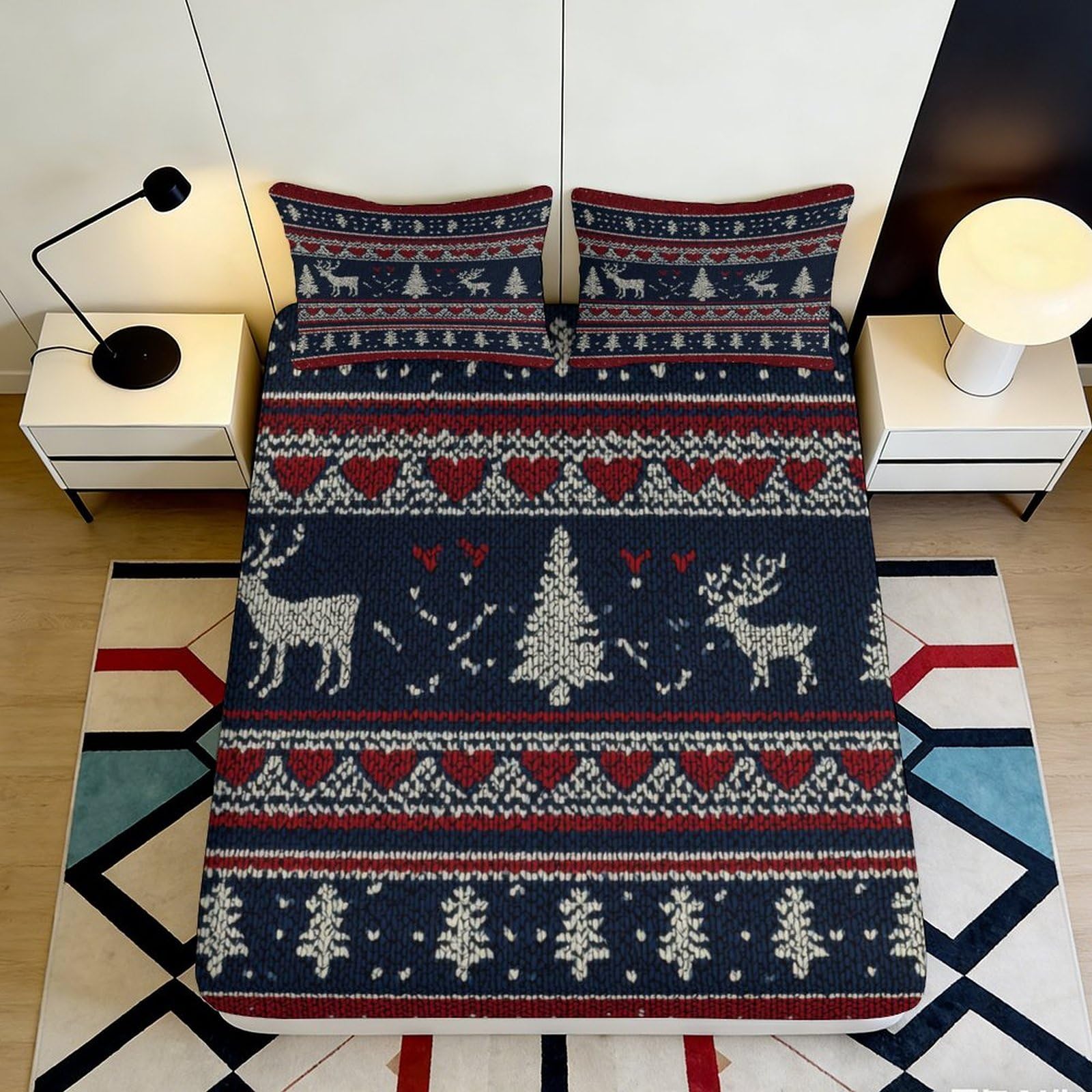 3D Printed Nordic Reindeer Fitted Sheet Microfiber Soft Christmas Tree Bed Cover for Bedroom Guestroom Decor 90x200x25cm