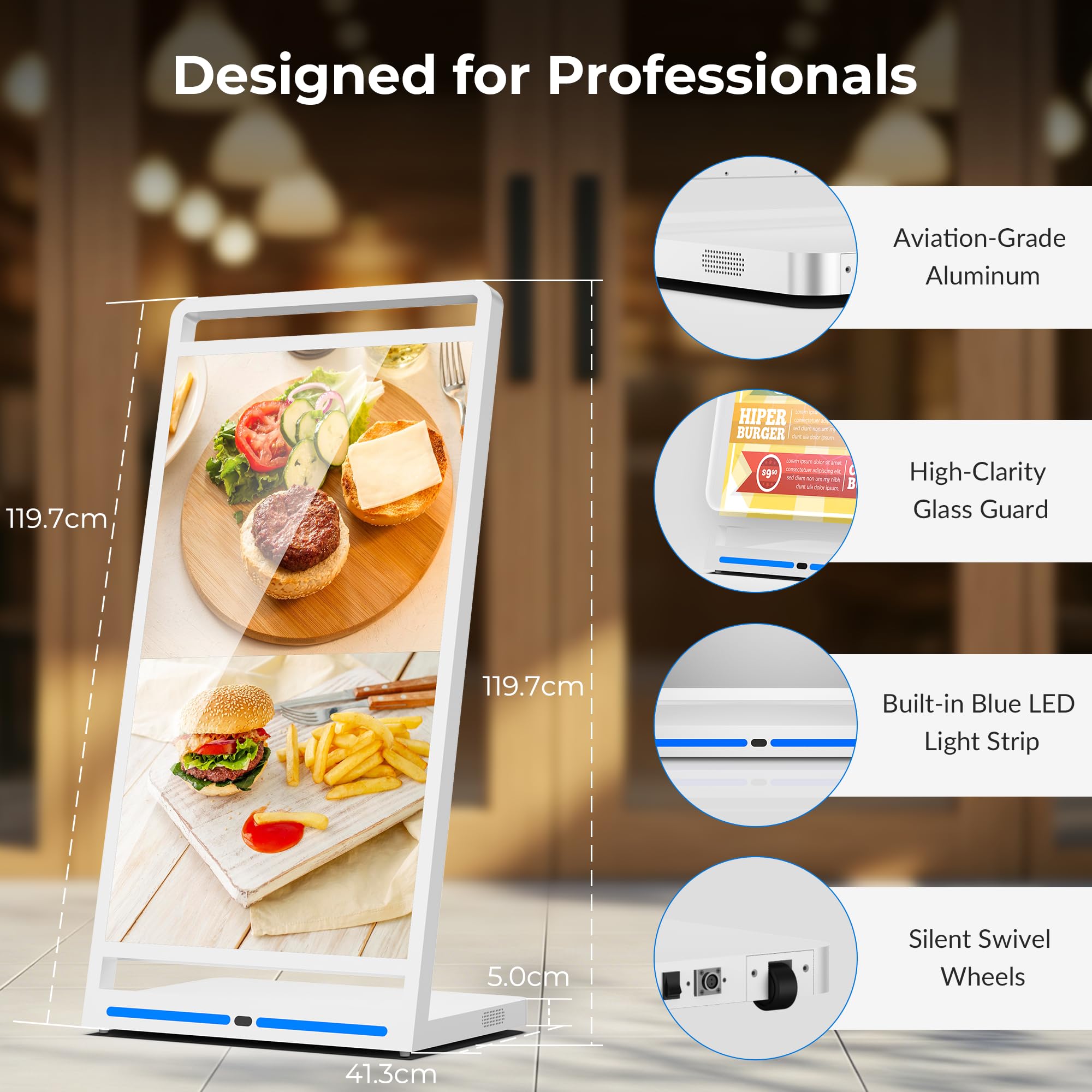 Totem Pubblicitario Digitale in L Bianco 43", Schermo Pubblicitario con Batteria 10h, Display LCD da Interno 800 Nits con Android e CMS, per Centri Commerciali