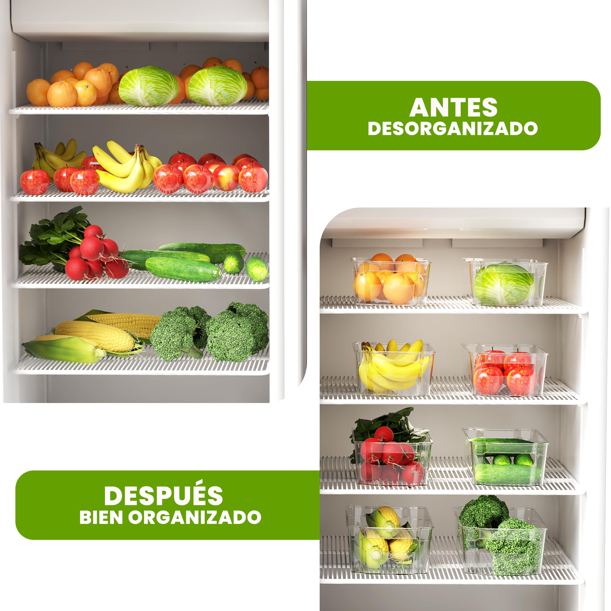 KICHLY Organizadores para la despensa - Juego de 8 -Compartimentos de almacenamiento para la cocina, despensa, armarios, encimeras y refrigerador - sin BPA (Transparente)