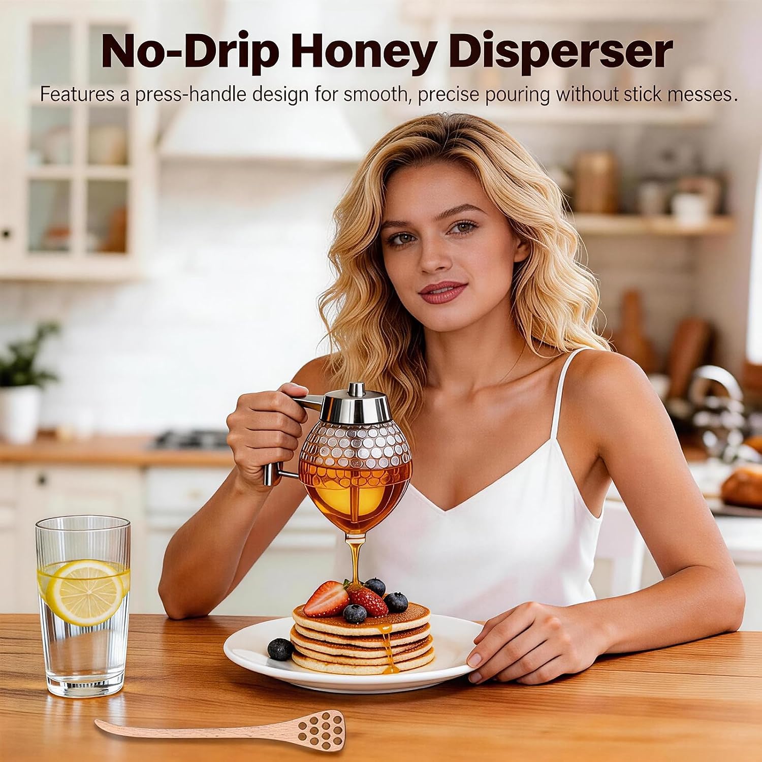 7 OZ Honey Dispenser No Drip with Honey Dipper, Honey Pot Bottle for Kitchen, Coffee Syrup Dispenser for Tea Time & Gifting, Honey Container with Stand