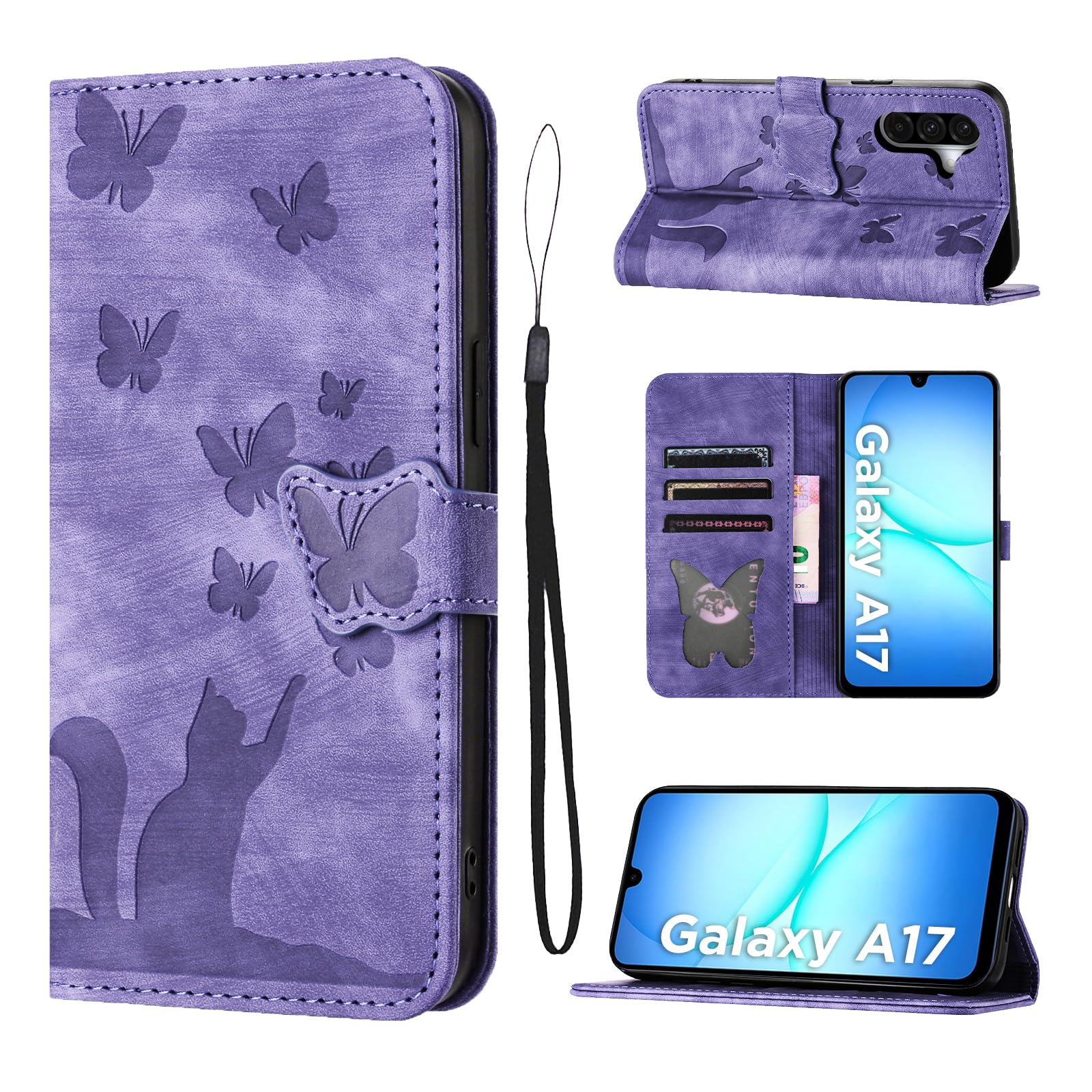 LSPCASA Cover per Samsung Galaxy A17 Custodia Cover Premium Pelle PU Portafoglio a Libro Flip Case Con Slot Per Schede e Funzione Supporto Gatto farfalla Case per Samsung Galaxy A17 Viola