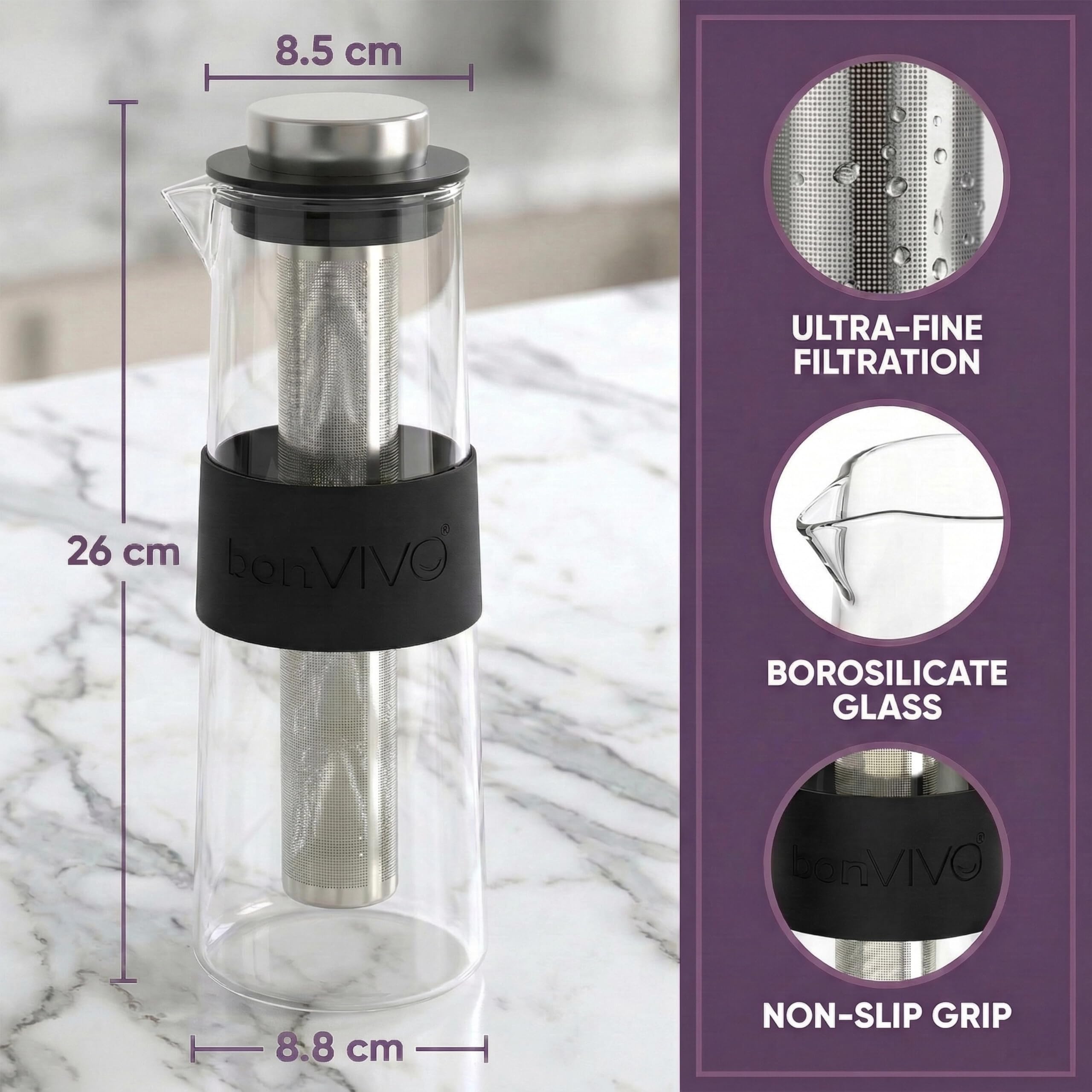 bonVIVOCold Zaparzacz do kawy ze szklaną karafką borokrzemową i filtrami z stali nierdzewnej, butelka do kawy mrożonej, Cold Brew – 1 l (4 filiżanki)