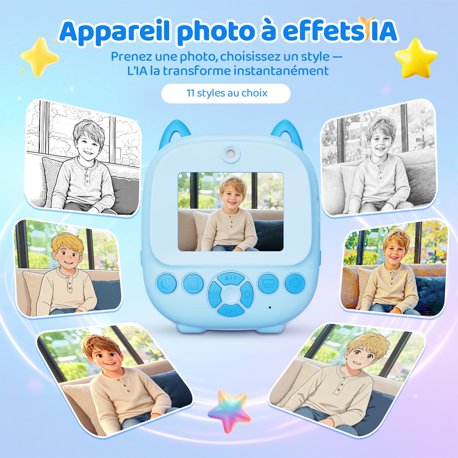 CHAKEYAKE Appareil Photo Instantané Enfants, Appareil Photo Numérique Écran de 2,4 Pouces avec Imprimante Vocale IA, Contrôle Vocal, Reconnaissance d' Objets et de Mots, Q&R, Créatifs & Filtres