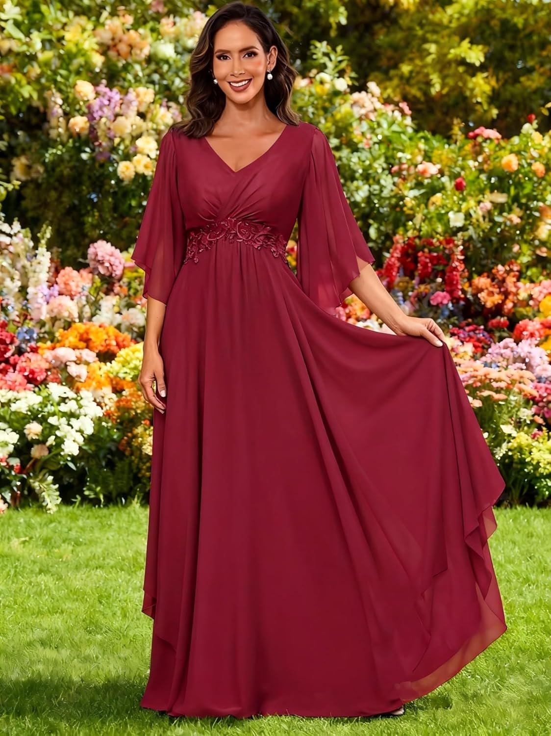 Chiffon Mother of The Bride Dresses for Wedding with Sleeve V-Neck Lace Applique Formal Dress for Women AD196