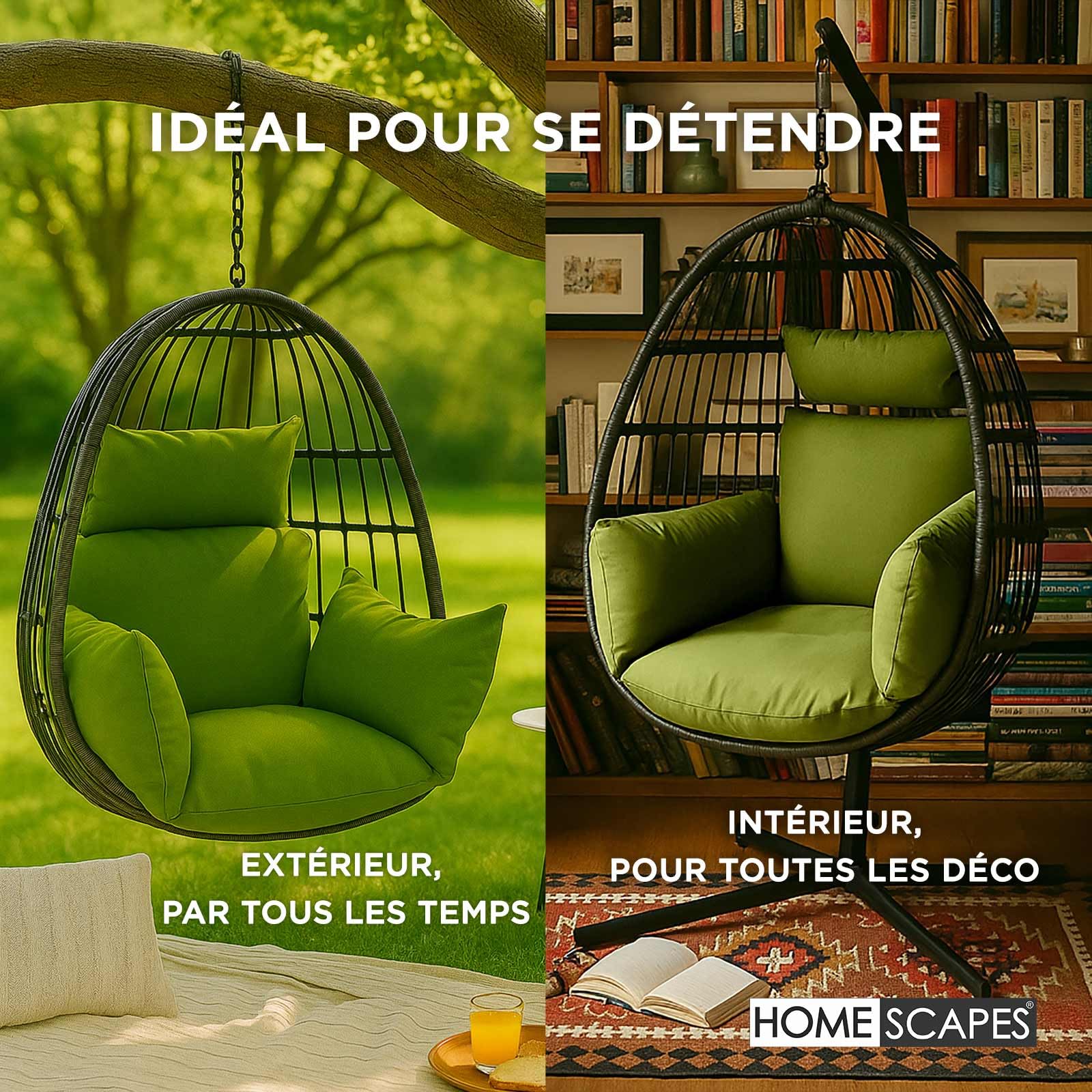 HOMESCAPES Coussin imperméable pour Fauteuil Suspendu extérieur, Coussin de Rechange pour Fauteuil œuf - pour terrasse, Jardin et Balcon - Vert