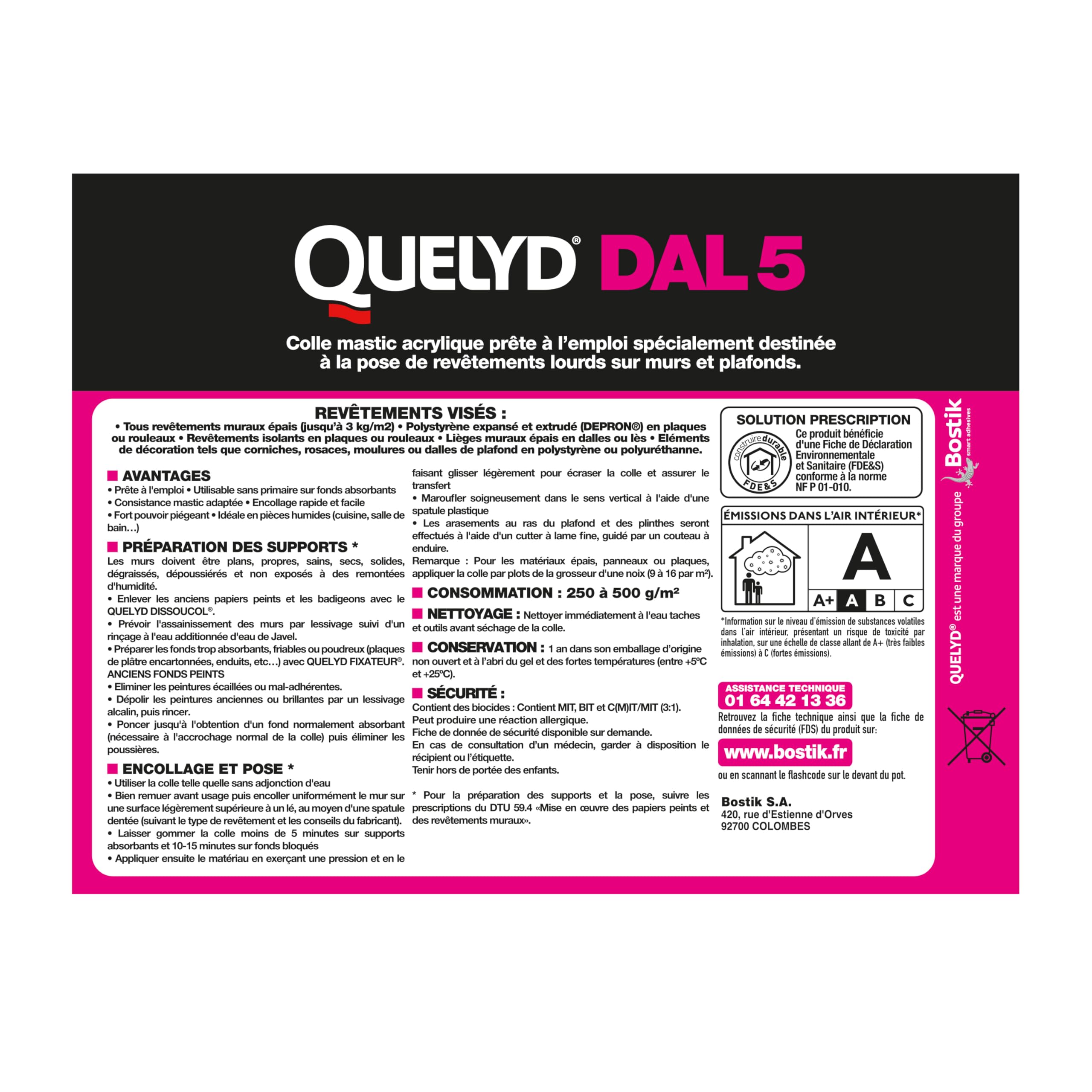 Quelyd DAL 5 – Colle Polyvalente Spéciale Isolation – Haute Adhérence, Sans Coulure, Pour Revêtements Muraux épais, Polystyrène, Liège – Intérieur, Pièces Humides – Sceau de 6.5 kg