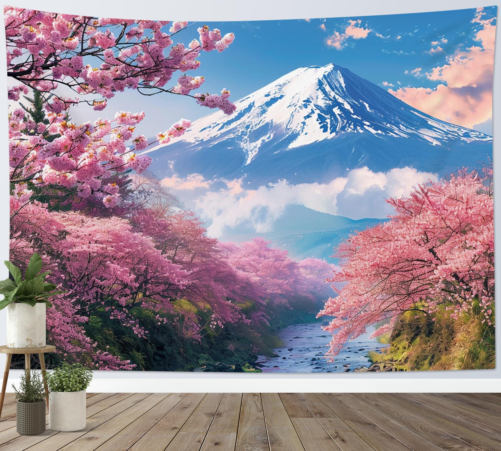 LB Pink Floral Tapestry Cherry Blossom Tree by Japanese Mountain Tapestry Wall Hanging Nature Scenery Tapestries for Living Room Bedroom Dorm Wall Decor,92x70 inch — image 1