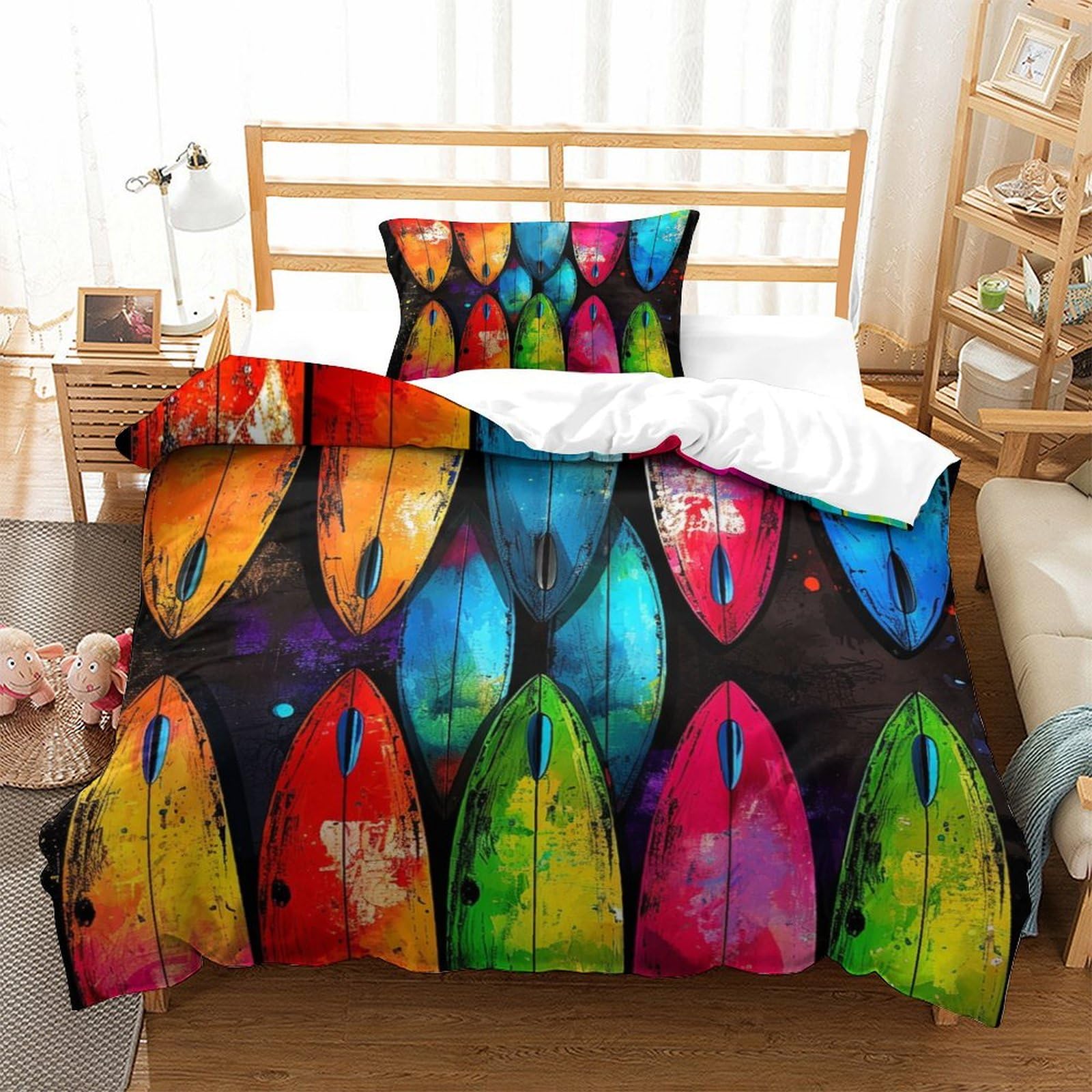 P1S9U7W5Y Vibrant Surfboard 3D Printed Duvet Cover Set 3 Pieces Microfiber Bedroom Decor Surf Board Bedding Set for Teen Adults Single（135x200cm）