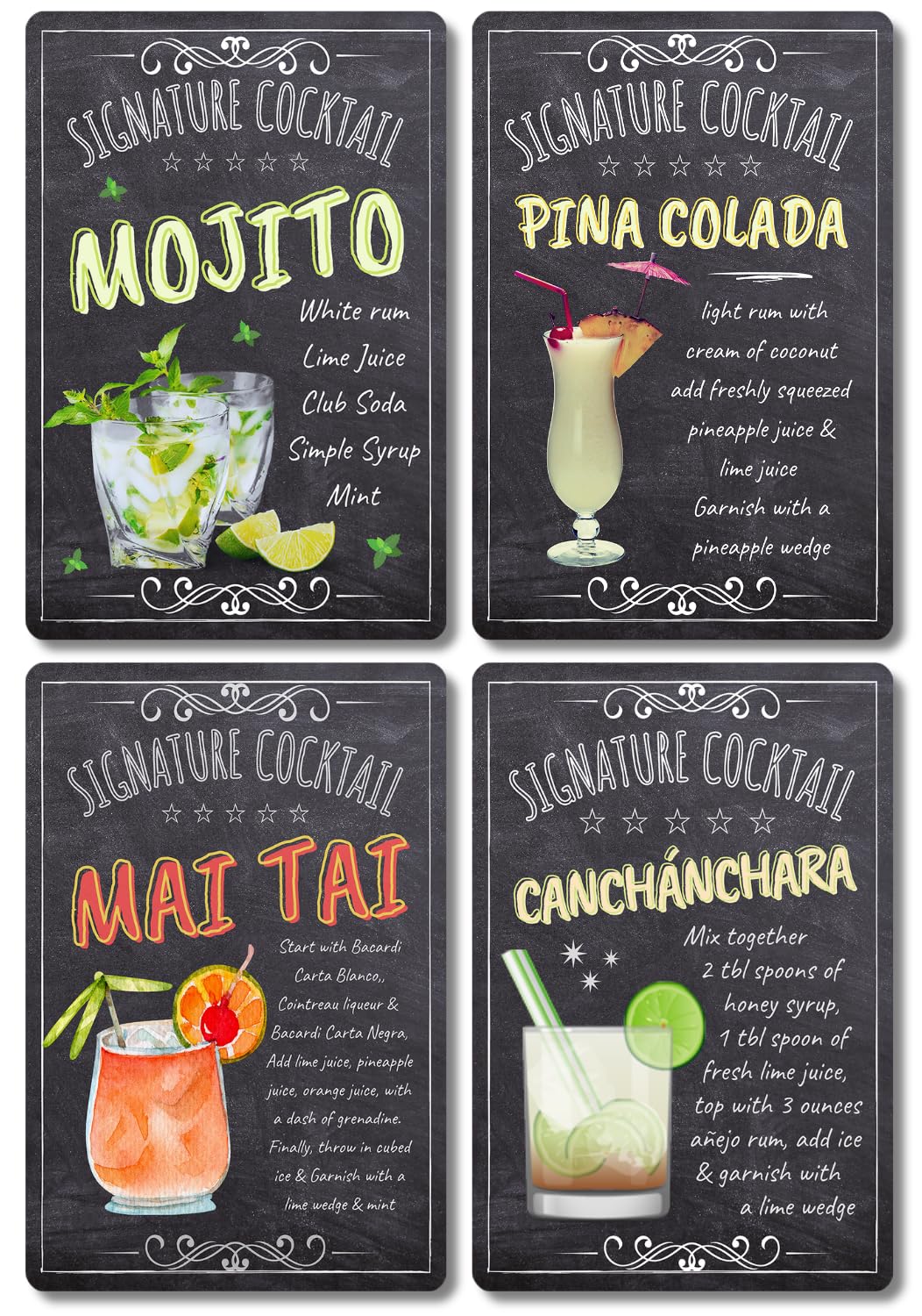 BAR SIGNS Cocktails - Set of Metal Cocktail Recipes Posters, Chalkboard Style Wall Art for Home Decor, Pub, Tiki Bar, Kitchen, Restaurants Pub Man Cave (Rum Cocktails 4PCS 30 x 20cm)