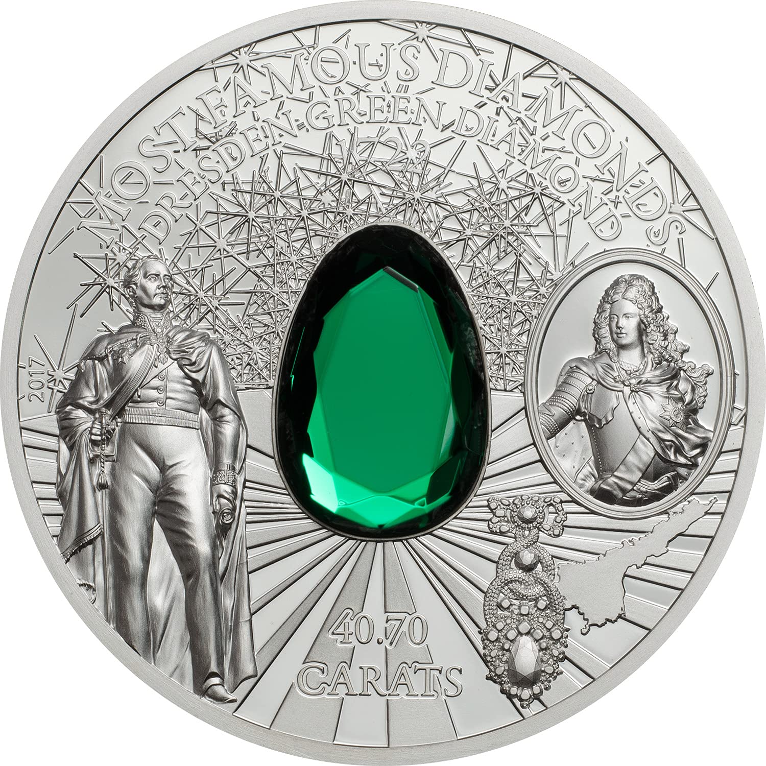 TREASURE WORLD COLLECTIBLES Dresden Green Diamond Most Famous Diamonds 2 Oz Silver Proof Coin Cook Islands 2017