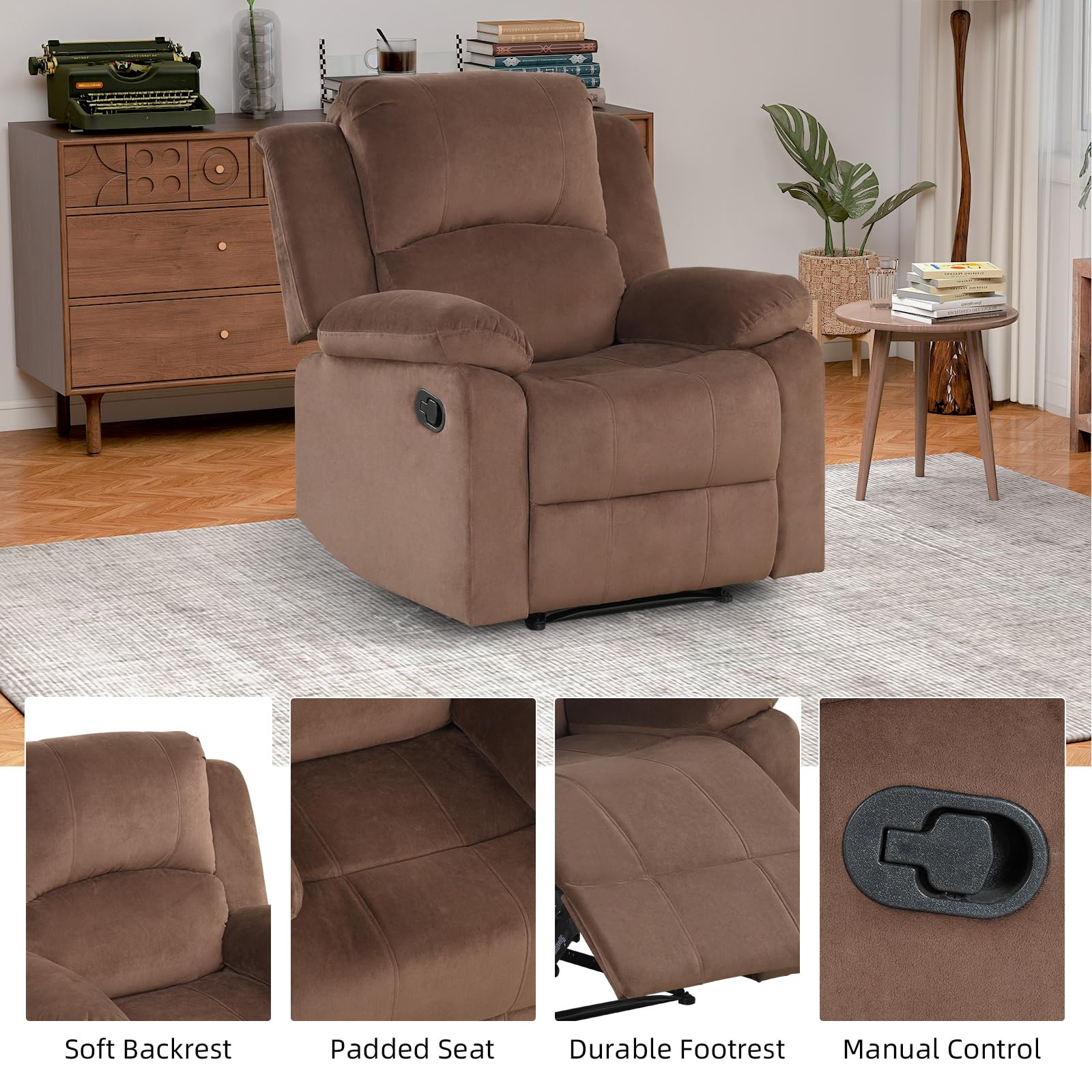 EBELLO Classic Manual Recliner Chair, Soft Microfiber Recliner Sofa with Overstuffed Arms and Back Single Reclining Couch for Living Room, Bedroom, Brown view 3