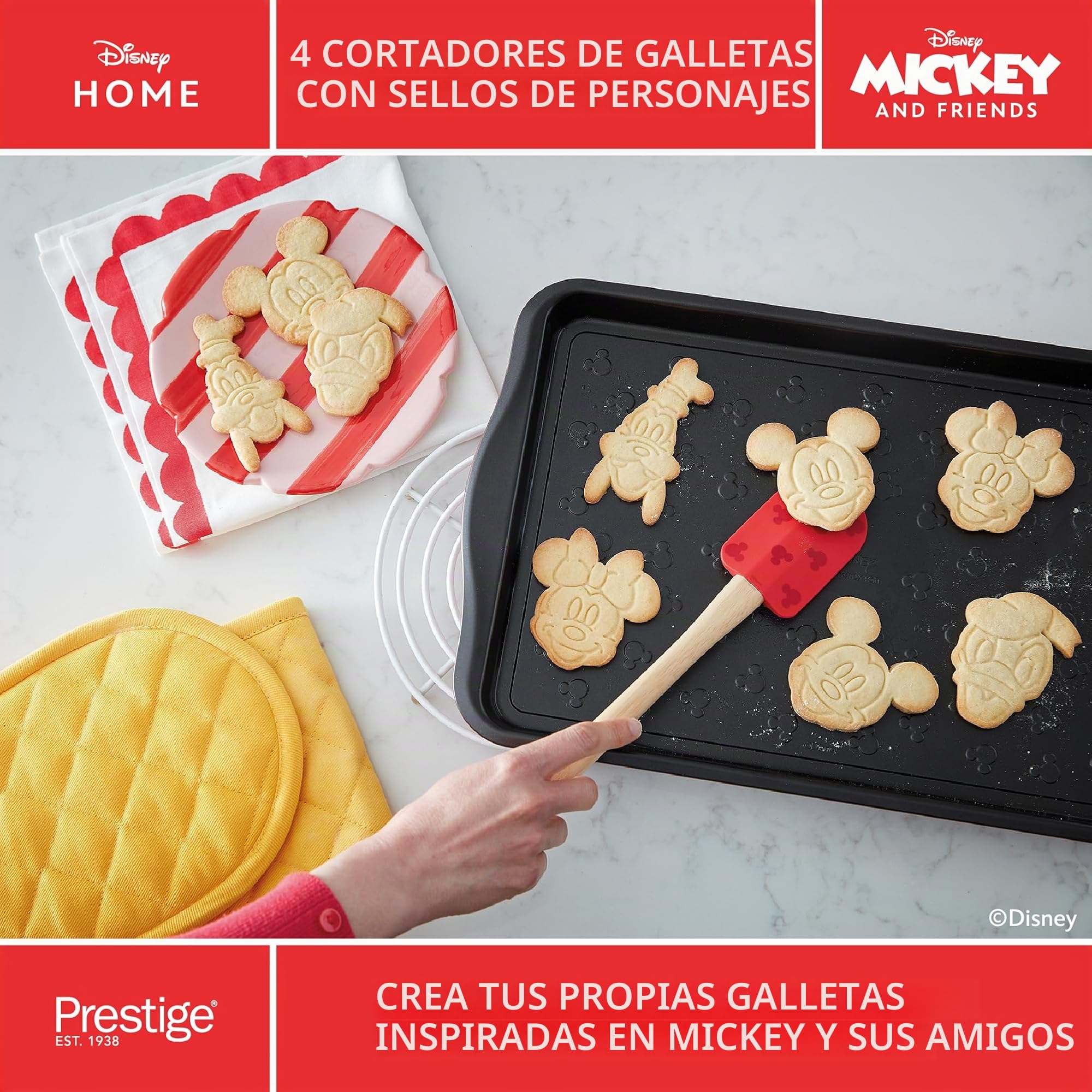 Prestige Juego de utensilios de cocina Disney Bake with Mickey Mouse con juego de cucharas medidoras, juego de 2 espátulas de silicona, rodillo de silicona y cortador de galletas, juego de 4