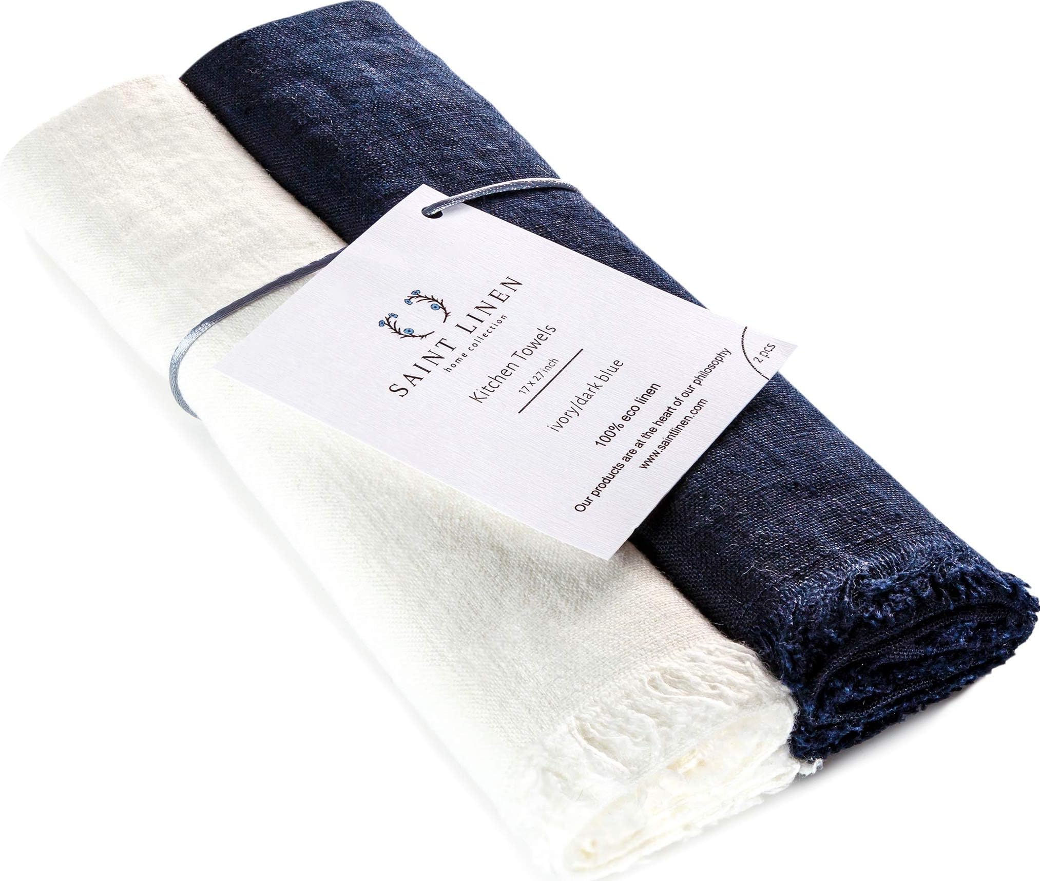 Set of 2 Linen Kitchen Towels Dish Cloth Stone Washed Towels in Ivory and Dark Blue Size 17'' x 27'' Pure Linen with High Absorption, Soft Fabric and Lint-Free Safe for Machine Wash Drying
