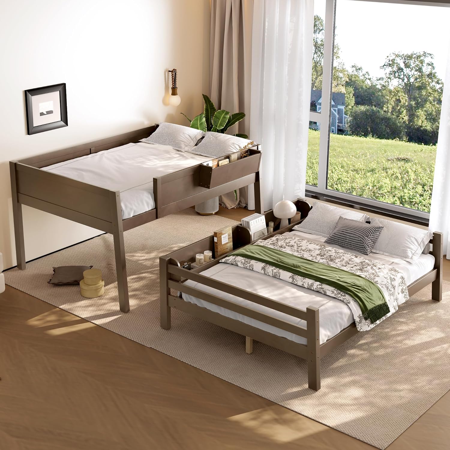 Full over Full Bunk Bed with Storage Shelves and Guardrails, Wood Bunk Bed with Ladders and Upgraded Slats, Chic Design Bunkbed that Can be Diverted, for Bedroom, Guests, Dorms, Vintage Brown