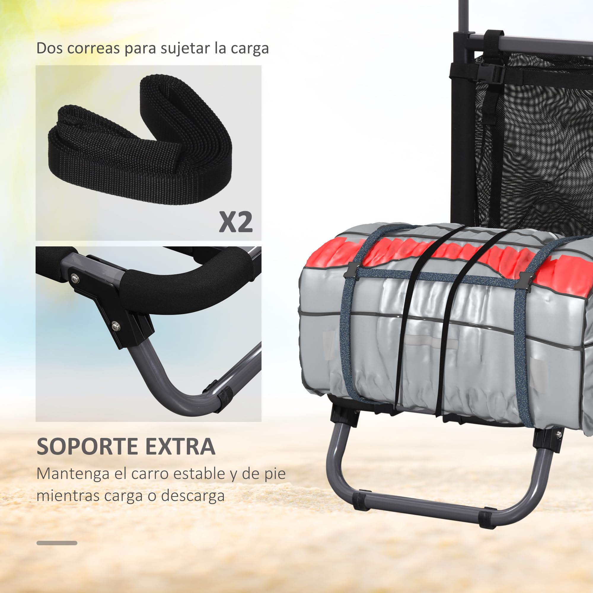SPORTNOW Carro Playa Plegable, Carro Transporte con Grandes Ruedas de 30 cm para Todo Terreno, con Bolsillo de Malla y Mango Telescópica de Aluminio, para Jardín, Campaña, Compra, Carga 150 kg, Gris