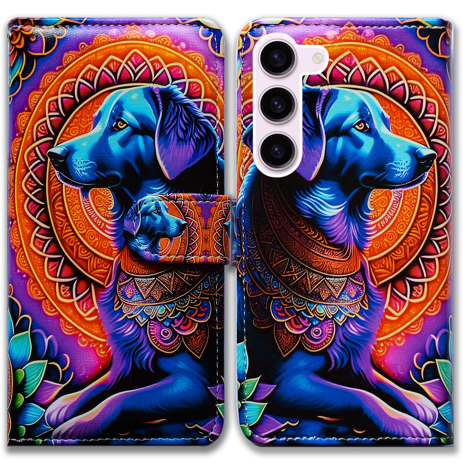 Bcov Galaxy S23 FE Case,Colorful Dog Mandala Pattern Leather Flip Phone Case Wallet Cover with Card Slot Holder Kickstand for Samsung Galaxy S23 FE