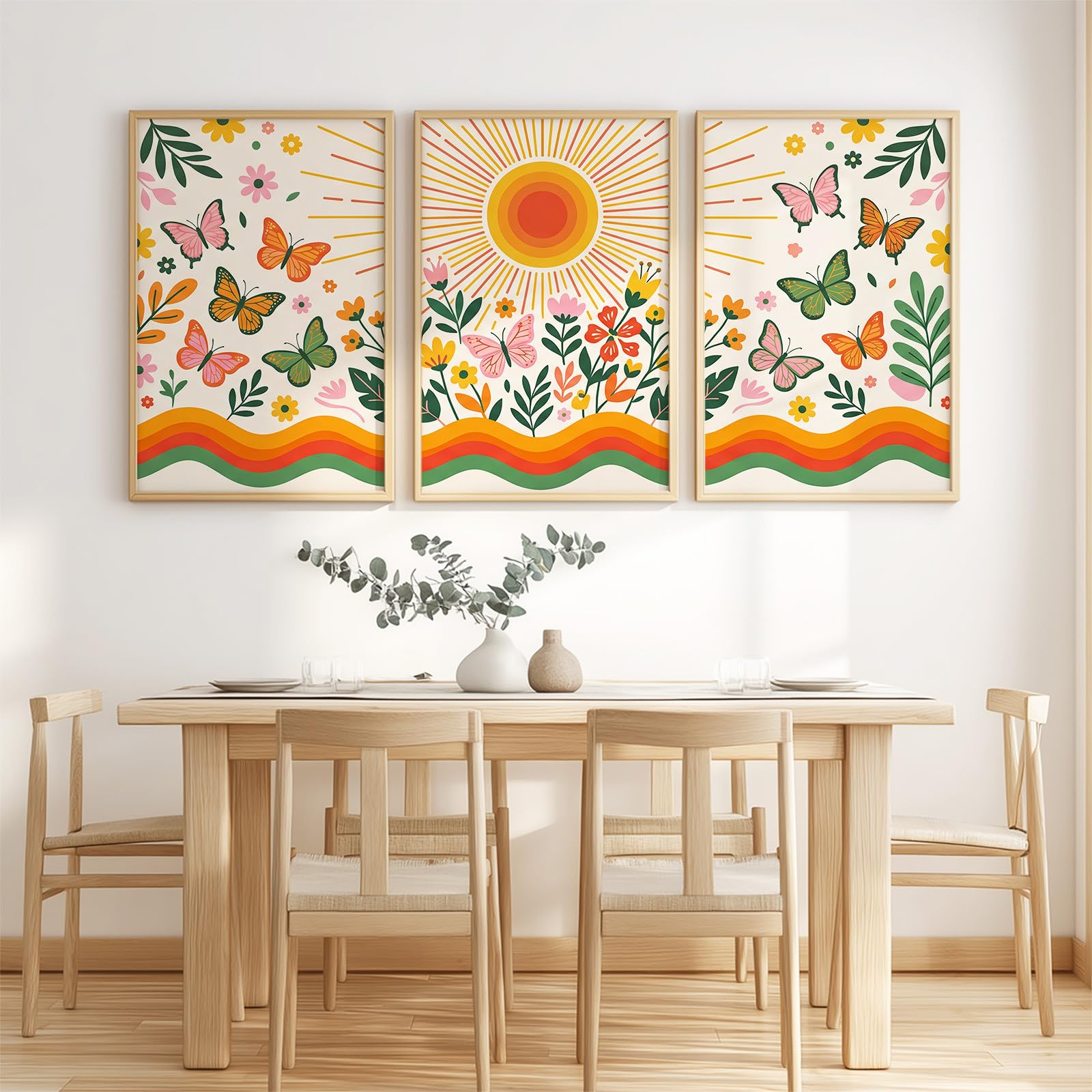 Generisch 3-teiliges Wandbild Leinwand Set 50 x 70, Ohne Rahmen Triptychon Ästhetische Kunstdrucke Vintage Verspielt für WohnzimmerSchlafzimmer, Botanisch Floral Zweig Schmetterling Sonne Regenbogen