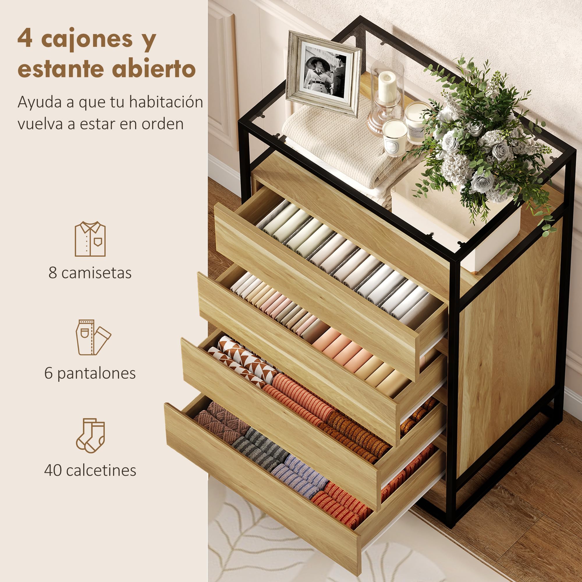 HOMCOM Cómoda 4 Cajones Superficie Vidrio Transparente 60x40x94,5 cm Teca | Estante Abierto, Cómoda Dormitorio, Estructura de Acero, Cajonera para Salón, Oficina
