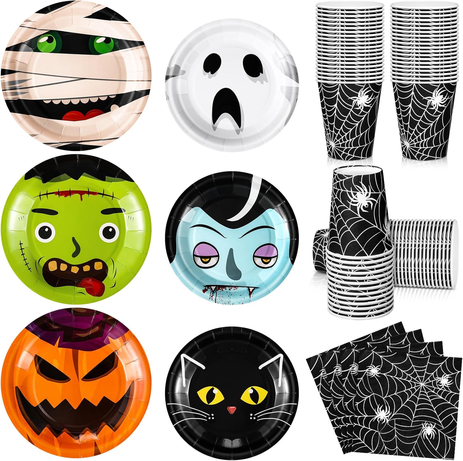 Jingmore 120 Pcs Halloween Party Supplies Include Dinner Plates Dessert Plates Spider Web Paper Cups, Napkins Black Cat Pumpkin Ghost Vampire Disposable Tableware Set for Halloween Party Decoration