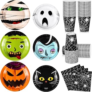 120 Pcs Halloween Party Supplies Include Dinner Plates Dessert Plates Spider Web Paper Cups, Napkins Black Cat Pumpkin Ghost Vampire Disposable Tableware Set for Halloween Party Decoration