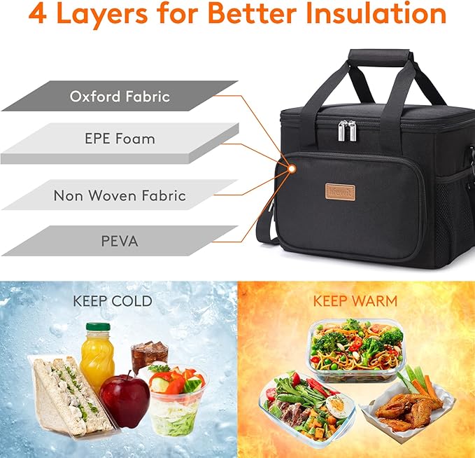 Functionality is further enhanced with its practical design elements, like a wide-open top pocket for easy access, sturdy handles for comfortable carrying, and an adjustable shoulder strap for additional portability options. These features make the Lifewit Large Lunch Bag a convenient solution for everyday meal transport while ensuring that your food stays fresh and secure.