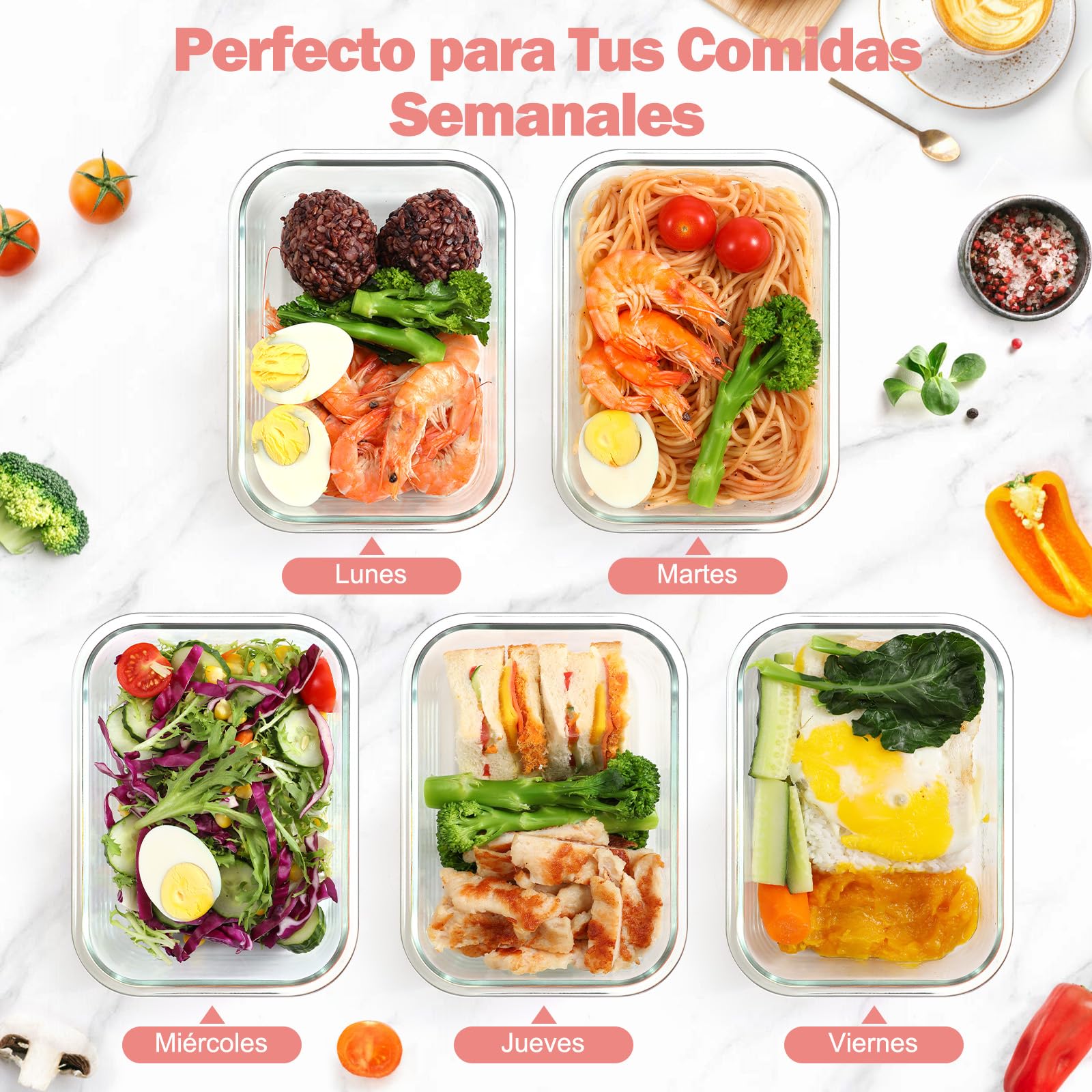 YASHE 10 Piezas Recipientes de Vidrio con Tapas Herméticas, Reutilizables, Apto para Microondas, Horno, Congelador y Lavavajillas, Sin BPA, Fiambrera Cristal, Rosa