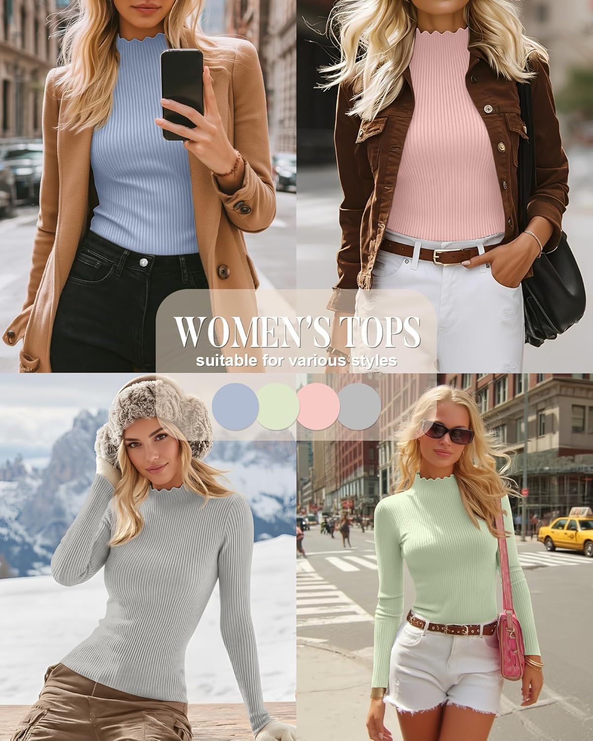 Riyiper 4 Pack Cotton Women's Mock Turtleneck Long Sleeve Tops Ribbed Lettuce Trim Slim Fit Basic Shirts Thermal Base Layer