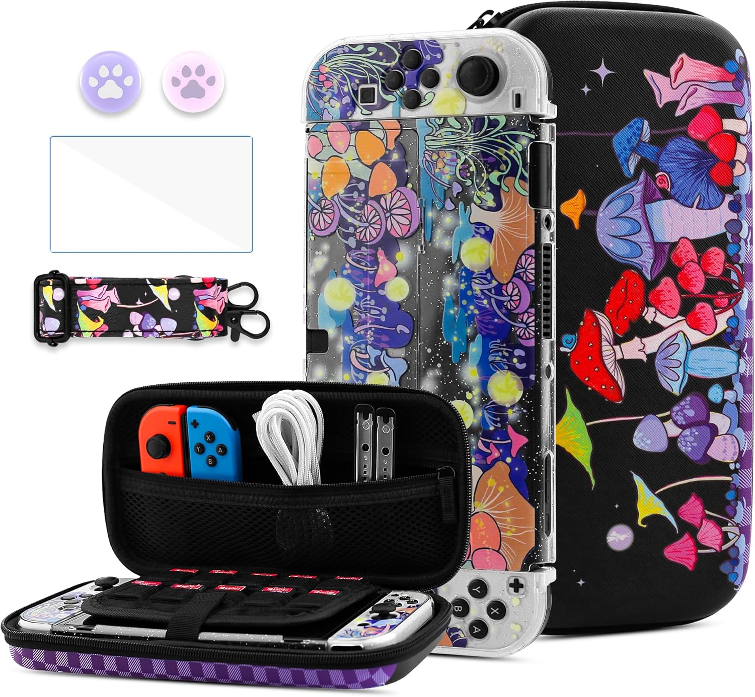 HYPERCASE Cute Carrying Case Set for Nintendo Switch Accessories, Magical Mushroom Hard Travel Storage Bag with Glitter Protective Cover Skin for NS, Shoulder Strap, Screen Protector & 2 Thump Caps