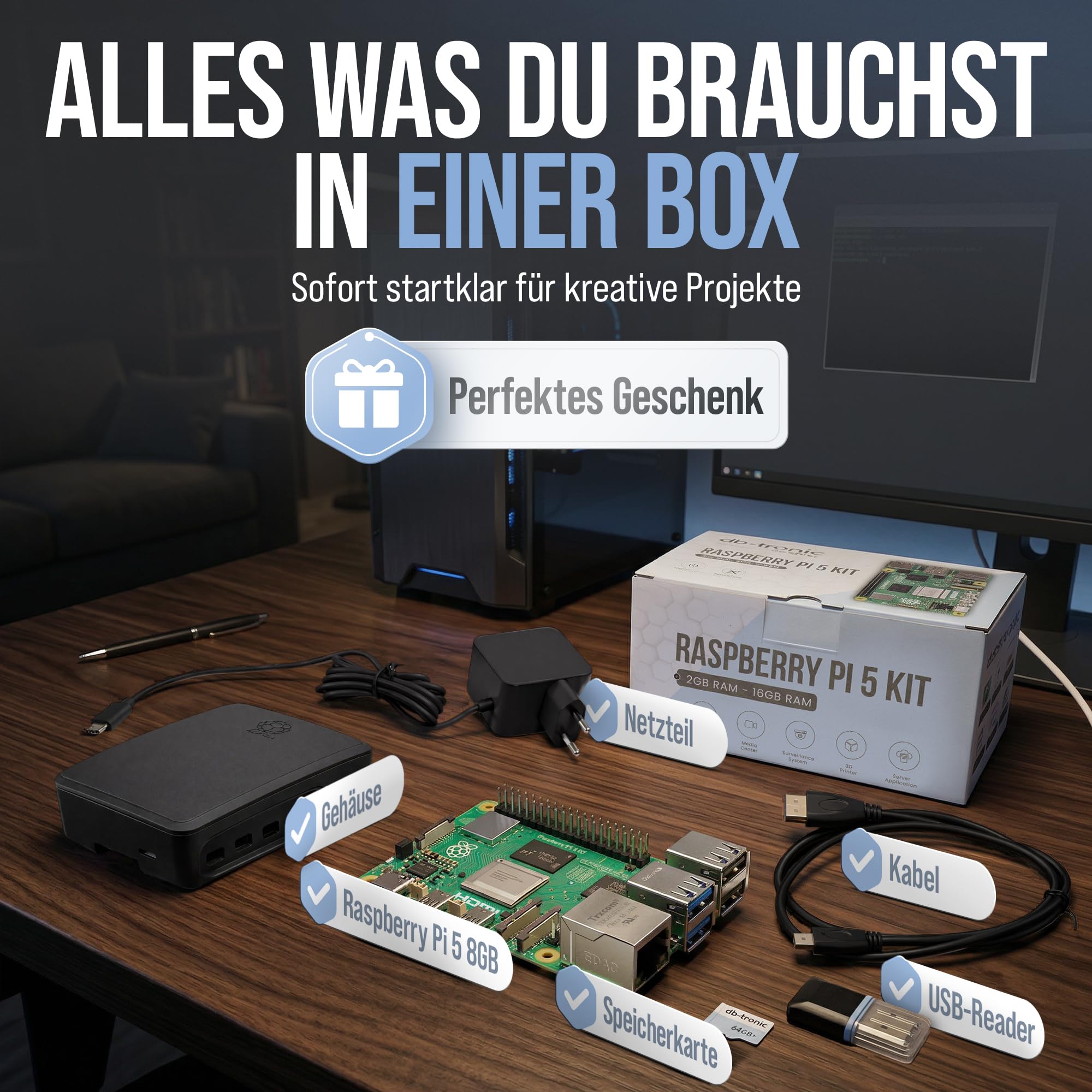 Raspberry Pi 5 8GB Starter Set 64GB Black Edition 27W Netzteil Gehäuse mit Lüfter 4K Micro HDMI Kabel