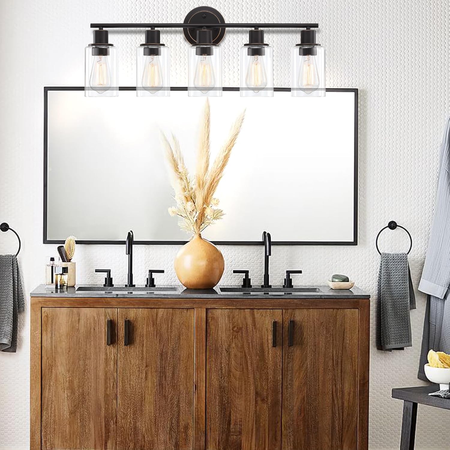 5-Light Oil Rubbed Bronze Bathroom Vanity Light Over Mirror, Oil Rubbed Bronze 5-Bulb Wall Sconce Above Kitchen Sink, Brown Wall Sconce for Bathroom Vanity