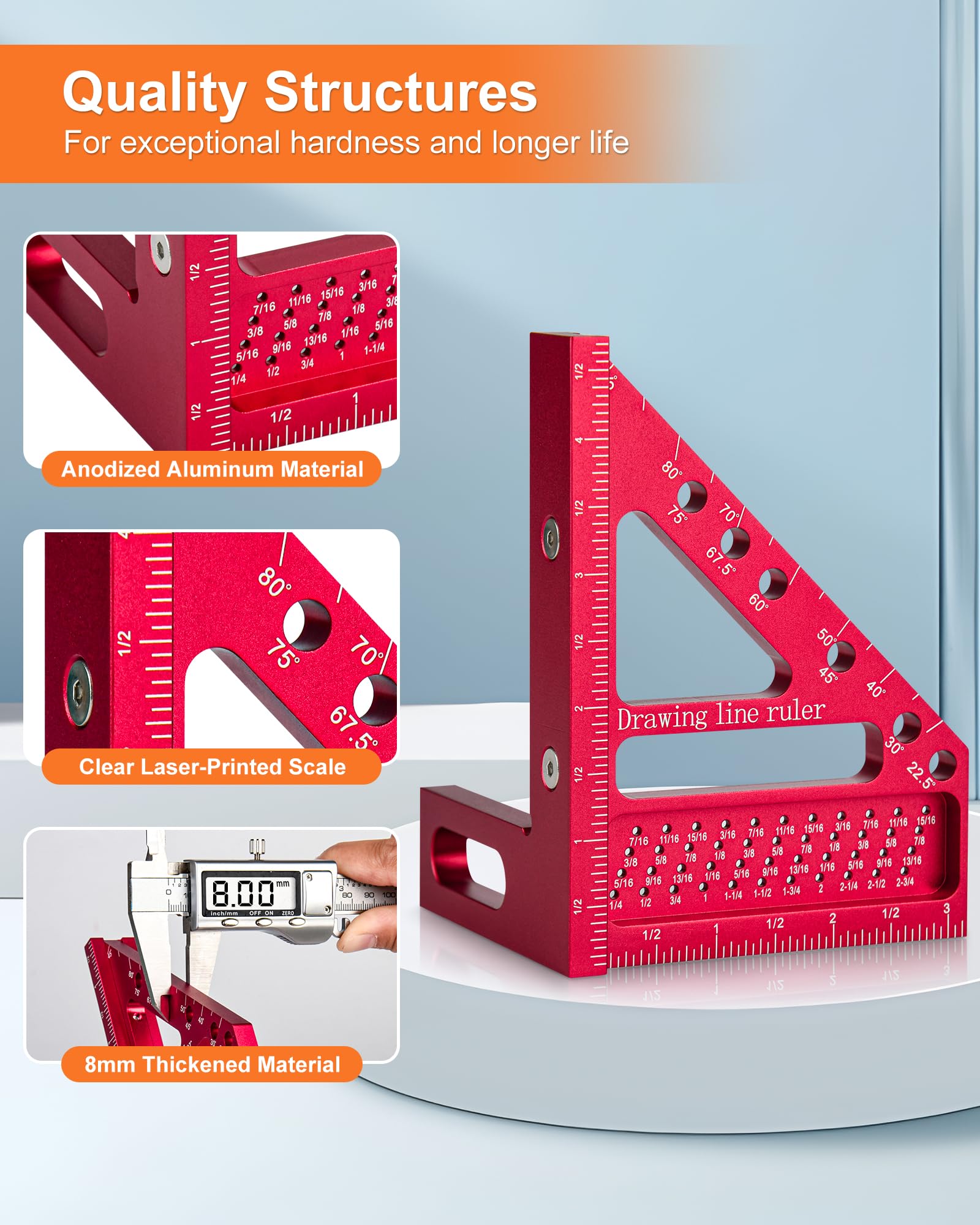 Carpenter Square, 4 in 1 Combo Framing Square 4 Inch, 22.5° to 90° Protractor Measuring Layout Tool, Scribing Ruler Miter Triangle Igaging Ruler, Woodworking Tool for Marking Gauge Drawing Line Angle