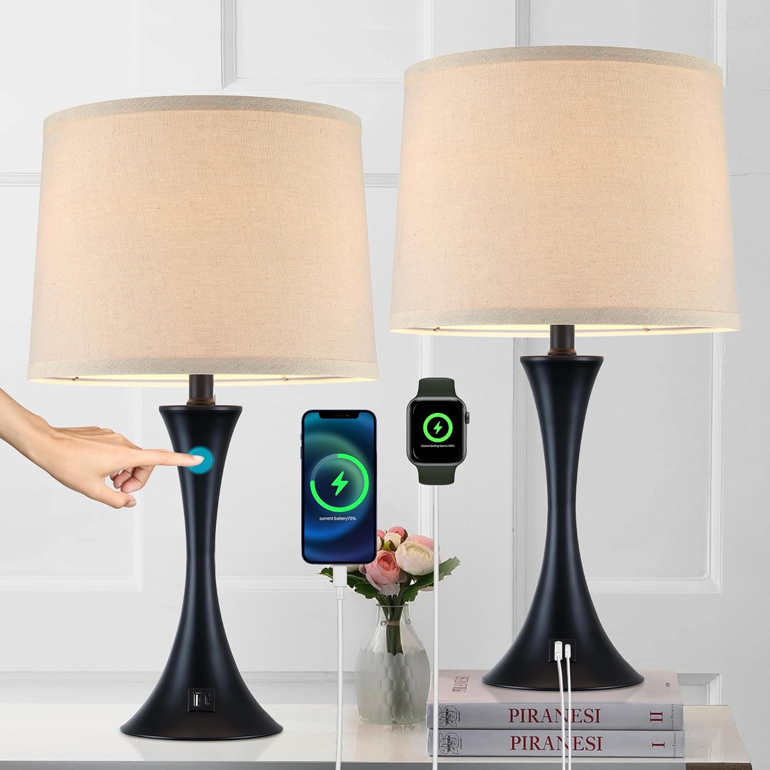 LIT-PaTH Table Lamp for Bedroom Nightstand Set of 2, Bedside Lamps with 3 Way Dimmable Touch Control and USB C+A Charging Ports, Linen Shade Desk Light for Living Room, Black (LED Bulb Not Included)