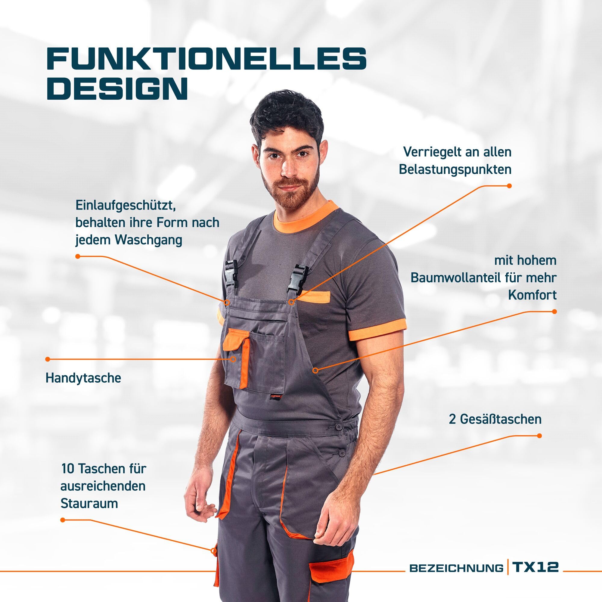 Portwest TX12 Herren Texo Kontrast Latzhose Arbeitslatzhose