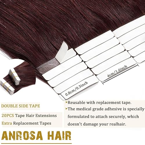Miniatura 3 de Anrosa Extensiones de cabello humano Remy sin costuras de 22 pulgadas, color #99J, color rojo vino burdeos, doble cara, 20 unidades, 1.76 onzas,
