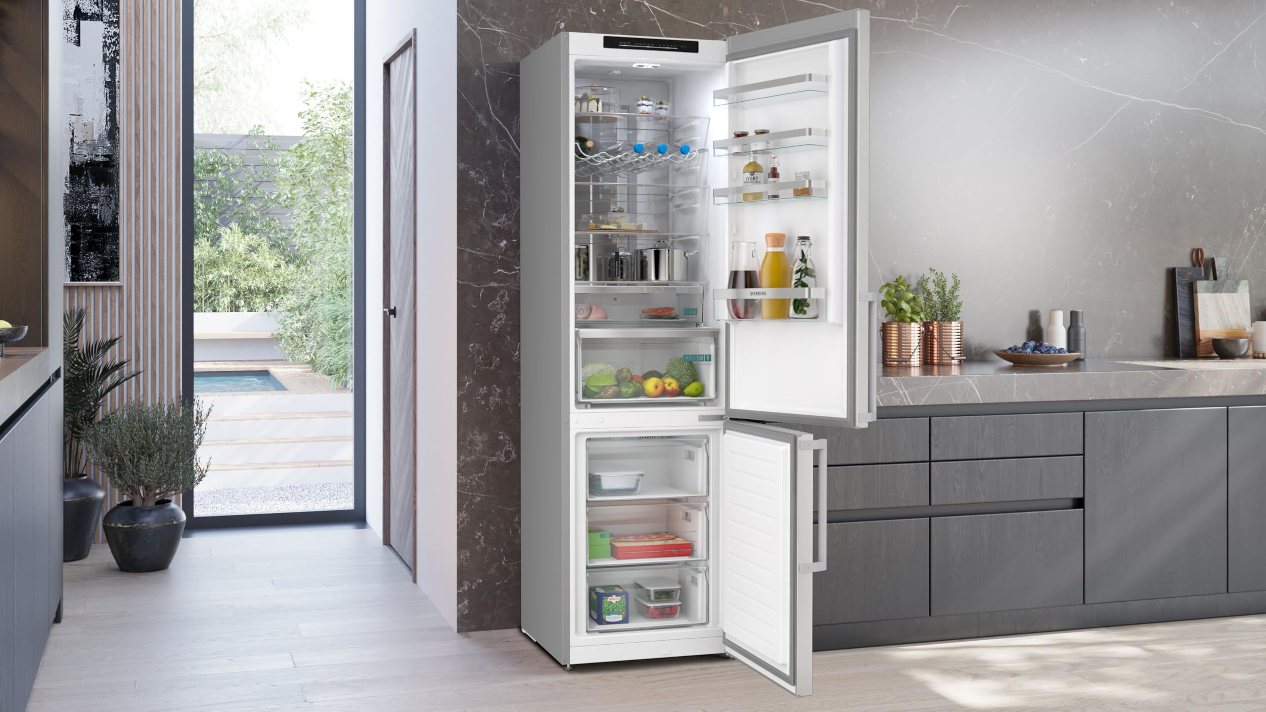 Siemens iQ300 Freistehende Kühl-Gefrier-Kombination 203 x 60 cm, KG39NVICV, 260 L Kühlen & 103 L Gefrieren, Total noFrost, Nahtlose Platzierung, hyperFresh 0°C Schublade, LED-Beleuchtung, Edelstahl