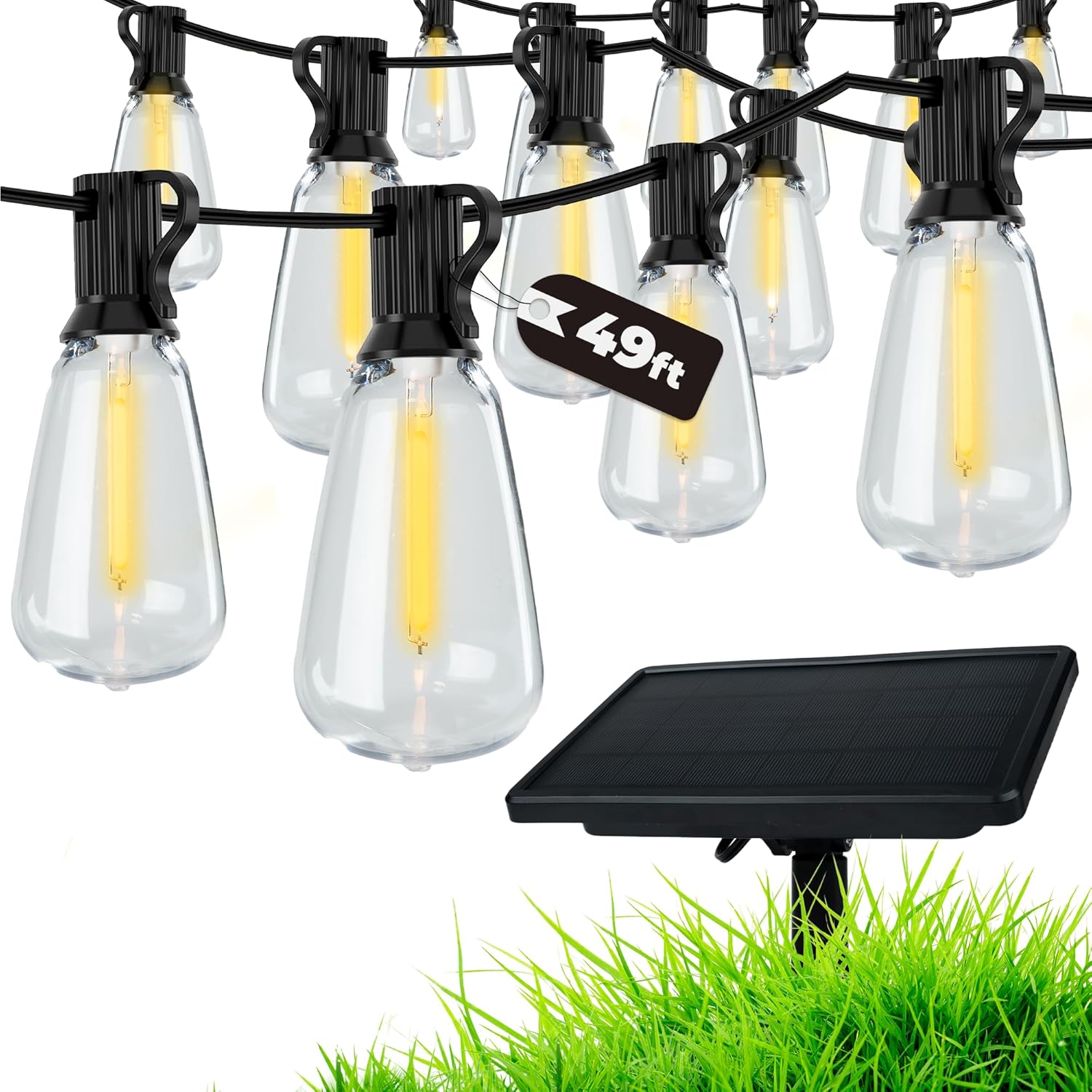 Regalosonline Solar String Lights for Outside - 15+2 Spare LED Bulbs Patio Lights with Remote Control, USB Port & Waterproof Outdoor (Warm White)