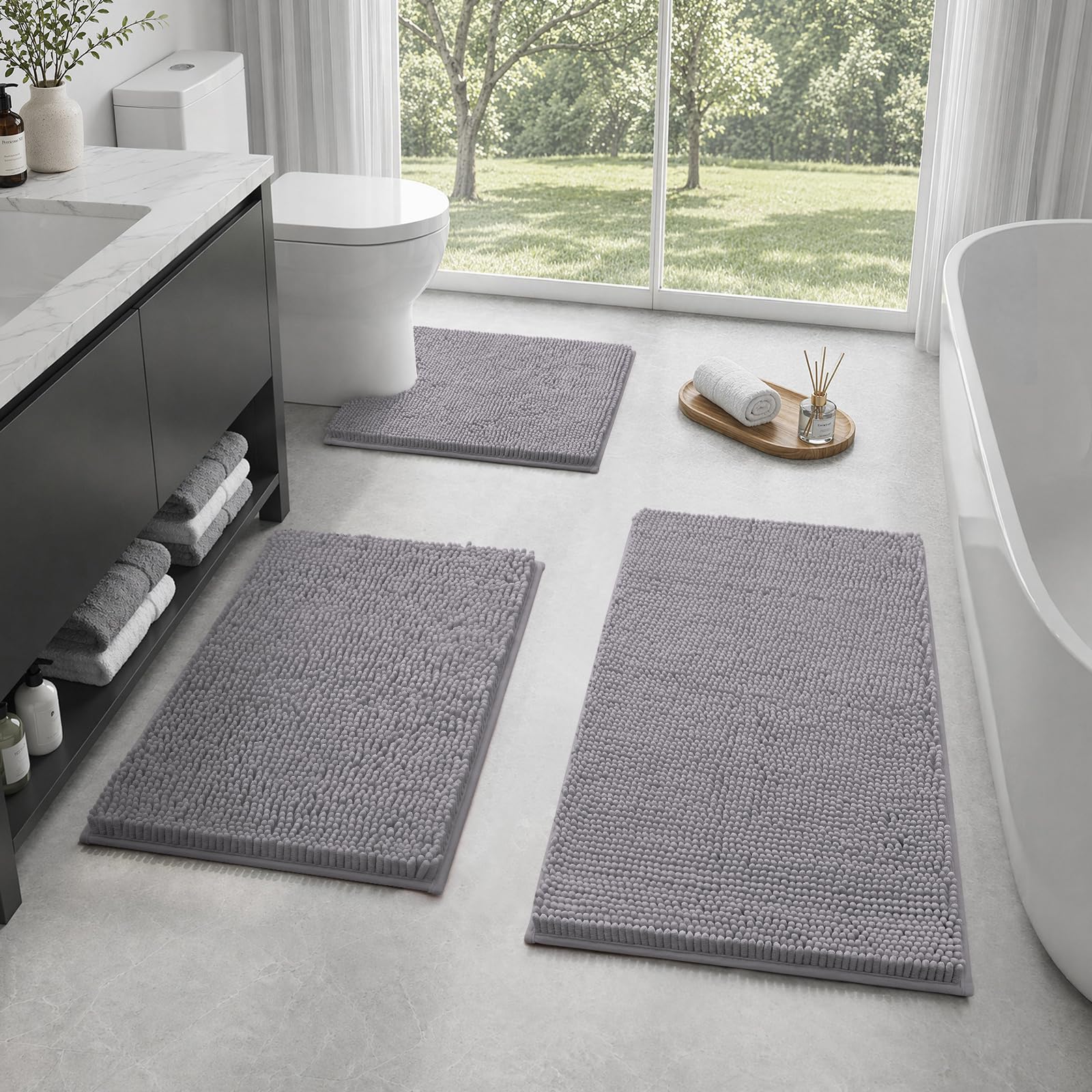 HOMEIDEAS 3 Teilig Badematten, Weiche Chenille Badezimmermatte Set, Maschinenwaschbare und rutschfeste Badematte und Badteppiche für Badewanne, Dusche, Badezimmer (Grau) Küche, Haushalt & Wohnen
