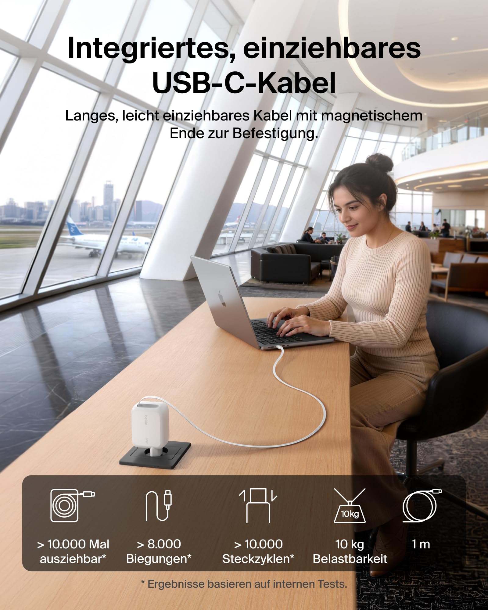 Belkin USB C Ladegerät 67W mit Einziehbarem 1 m USB-C-Kabel + USB-C-Anschluss, GaN iPhone Schnellladegerät, USB Adapter für die Serien iPhone 17, 16, Galaxy S26, AirPods, Tablets, MacBook, Chromebook