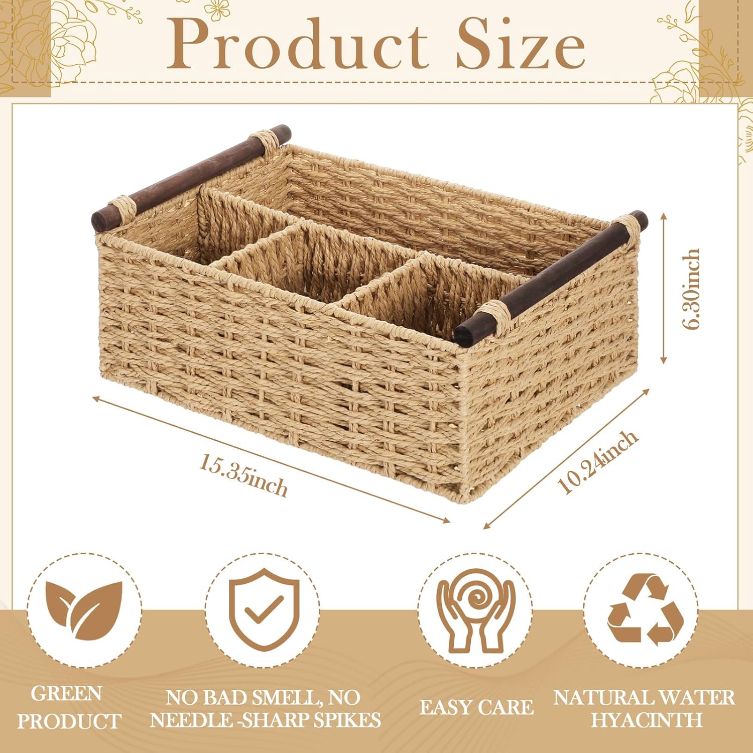 Remerry Beige Bathroom Countertop Organizer Caddy, Wicker-Like Divided Basket with Handle and Metal Frame, 4 Compartment, Paper Rope Storage Organizer for Vanity Kitchen (15.35 x 10.24 x 6.3 in)