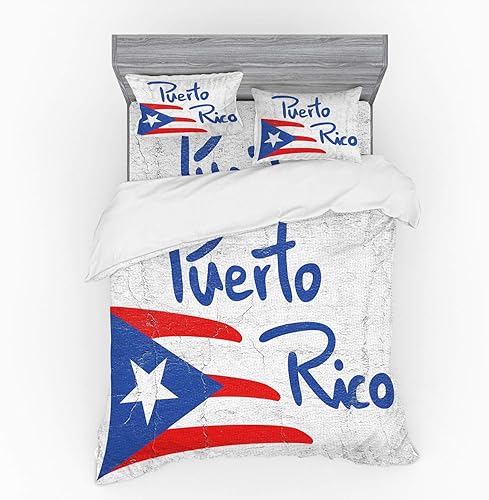 Miniatura 1 de Lunarable Puerto Rico Duvet Cover Set, Hand Drawn Flag and Lettering Weathered Background, 4 Piece Bedding Set with Shams and Fitted Sheet,
