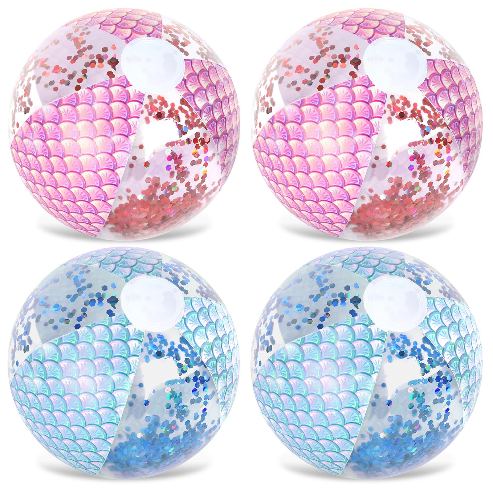 Whaline 4Pcs 16'' Mermaid Inflatable Beach Ball Glitter Pool PVC Balls Game Toys for Summer Hawaiian Tropical Theme Beach Party Decorations Water Sand Game Accessory, Pink Blue