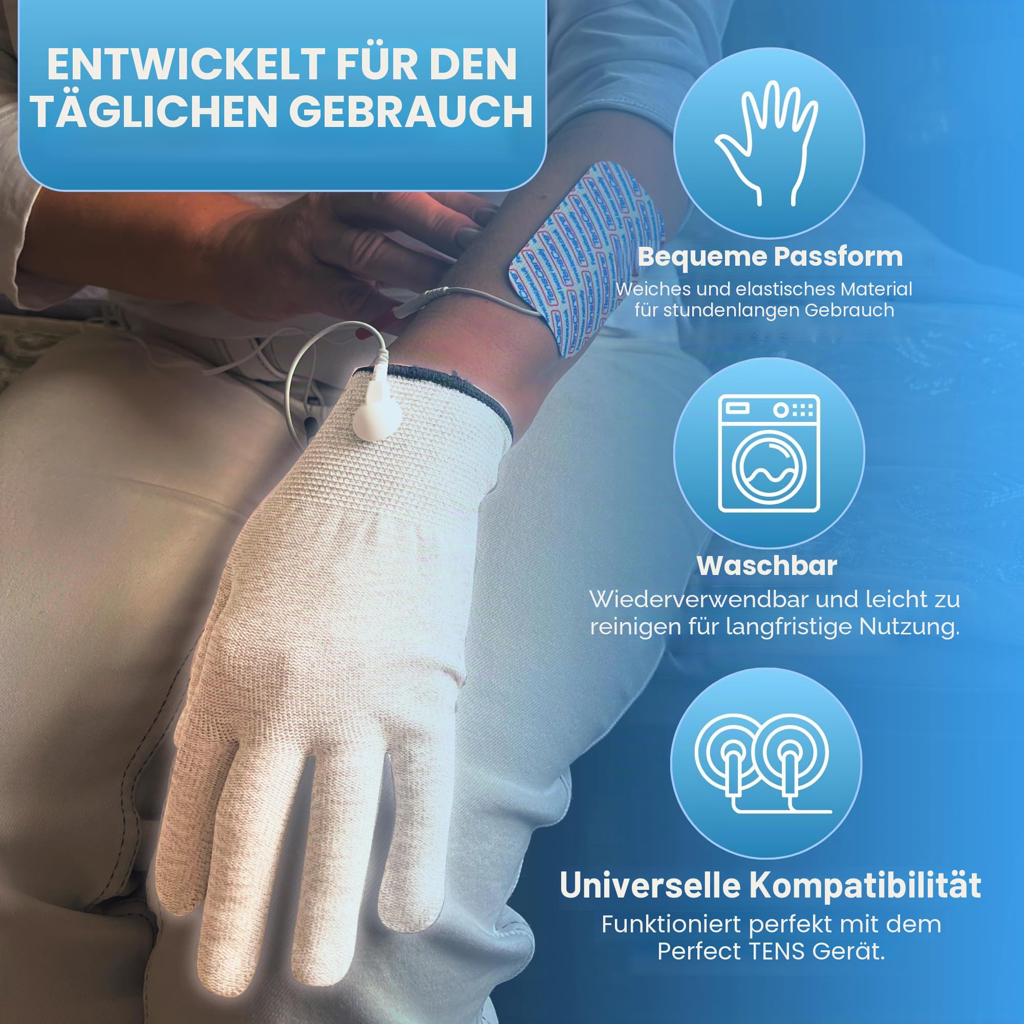TensCare Perfect TENS Tens-Gerät zur Linderung von Rücken-, Hüft-, Bein-, Arm-, Arthritis- und Ischiasschmerzen, inkl. Handschuh für Arthritis an der Hand