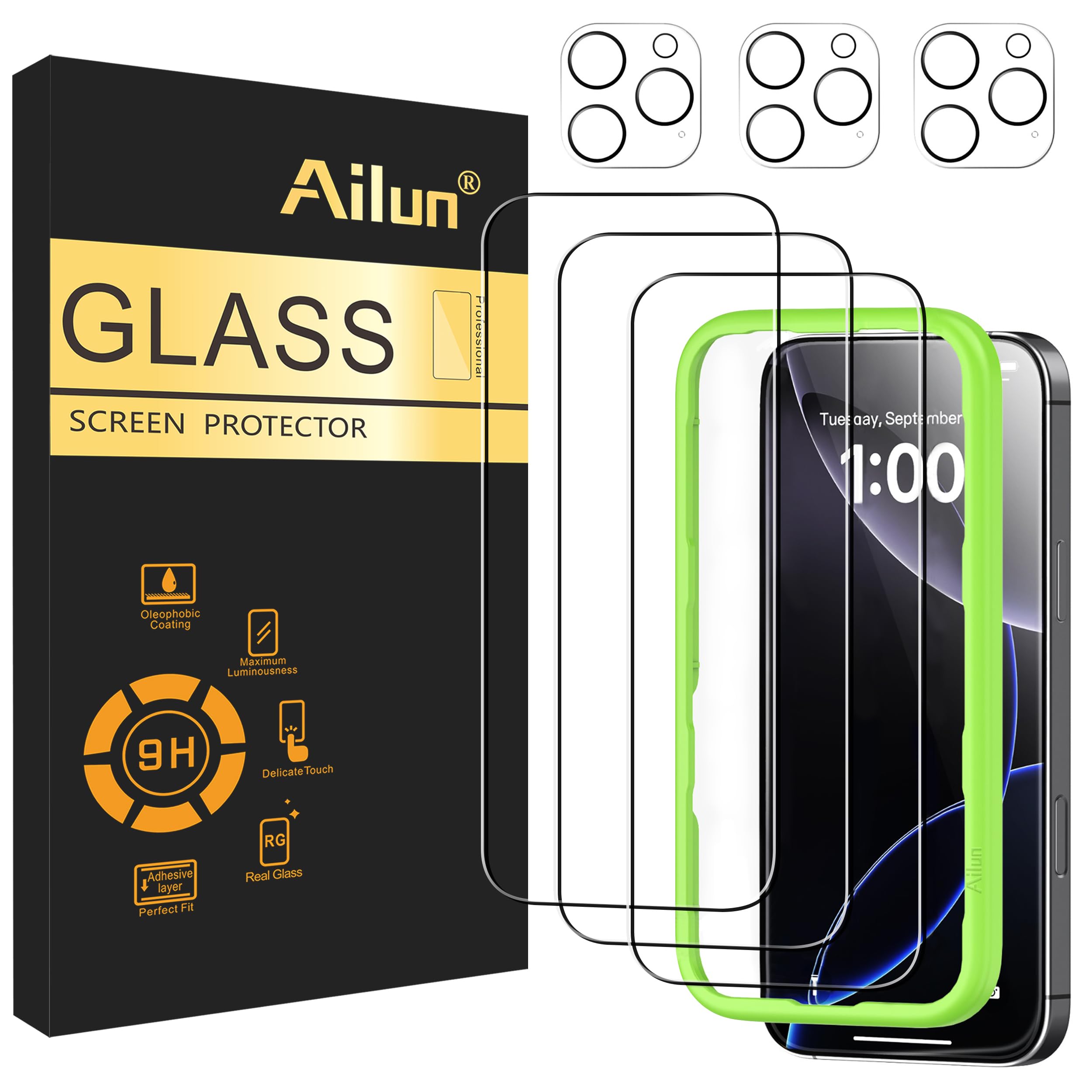 Ailun iPhone 16 Pro用スクリーンプロテクター 3枚パック [6.3インチ] + カメラレンズプロテクター 3枚パック 取り付けフレーム付き ケースに優しい強化ガラスフィルム [硬度9H] - HD [6枚パック]