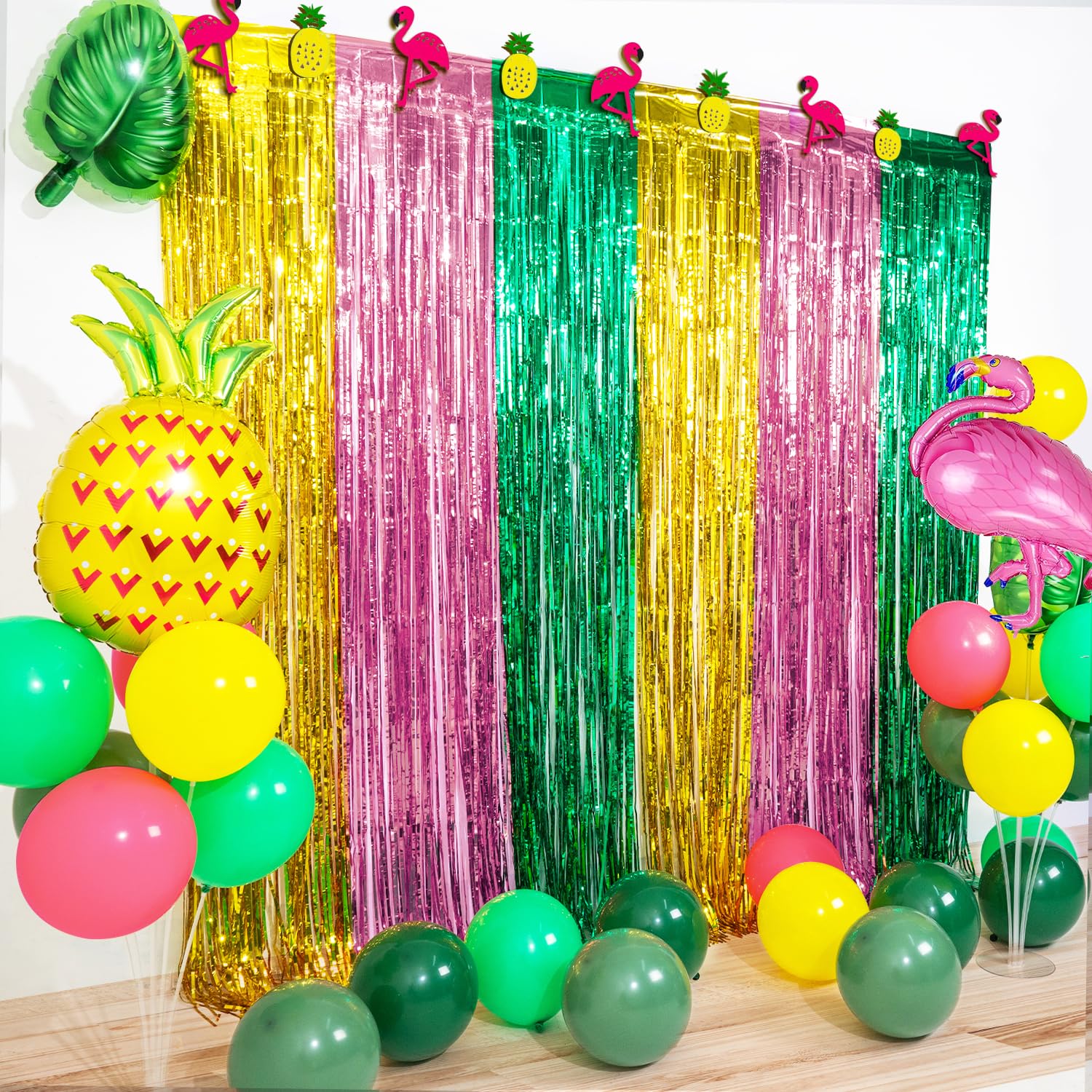 Hawaiian Aloha Luau Party Decoration, 2 Pack Green Pink Gold 3.3 x 6.6ft Foil Fringe Curtains Tinsel Photo Booth Props Streamers Backdrop for Hawaiian Tropical Summer Luau Beach Party Decorations